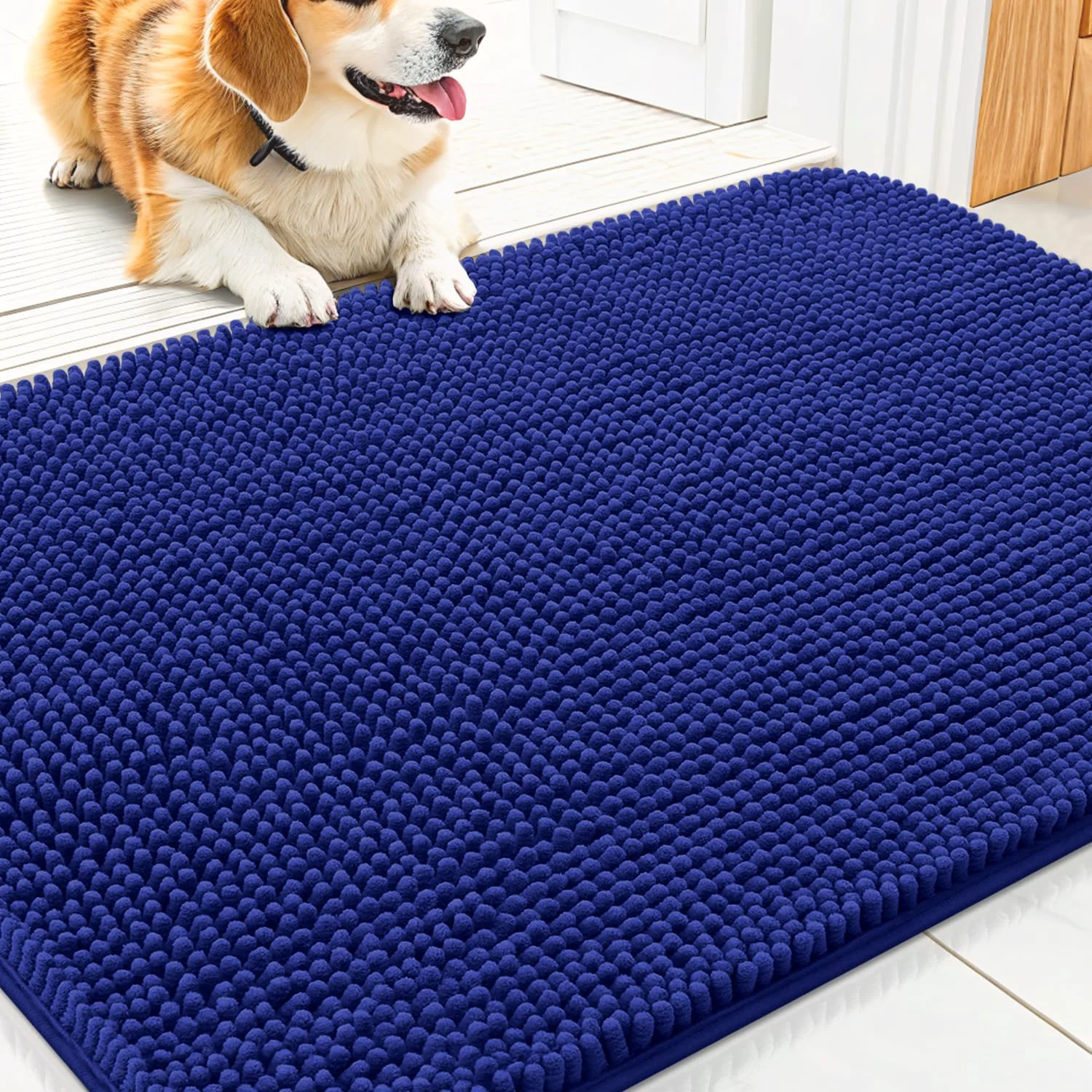 High-Grade Smiry Dog Door Mat for Muddy Paws 30x20 Absorbs Moisture and Dirt Doormat Non-Slip Washable Quick Dry Chenille Front Door Mat Indoor Entrance Entryway Carpet for Inside Floor Navy Blue Safe