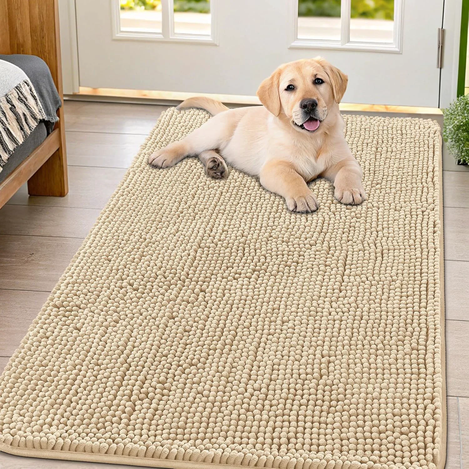 Original Smiry Dog Door Mat for Muddy Paws 47x32 Absorbs Moisture and Dirt Doormat Non-Slip Washable Quick Dry Chenille Front Door Mat Indoor Entrance Entryway Carpet for Inside Floor Beige Elegant