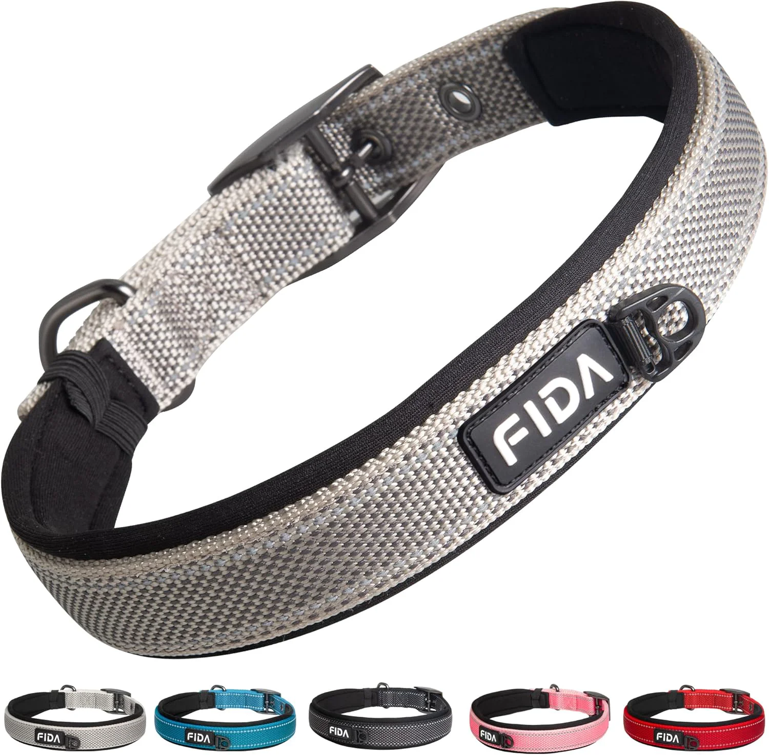 Relaxed Fida Heavy Duty Dog Collar Ultra Comfortable Soft Neoprene Padded Adjustable Reflective Nylon Pet Collar with Durable Metal Belt Buckle for Medium Breeds M Grey Original
