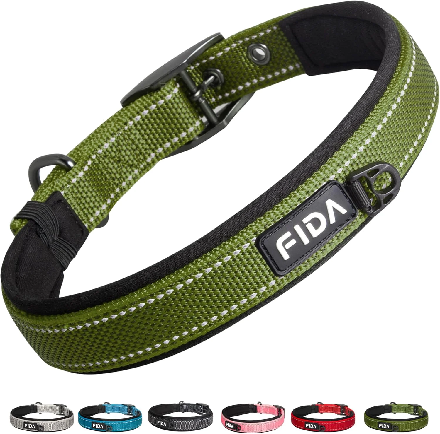 Eco-Friendly Fida Heavy Duty Dog Collar for Large Dogs Ultra Comfortable Soft Neoprene Padded Adjustable Reflective Nylon Pet Collar with Durable Metal Belt Buckle for Large Breeds L Green Fine
