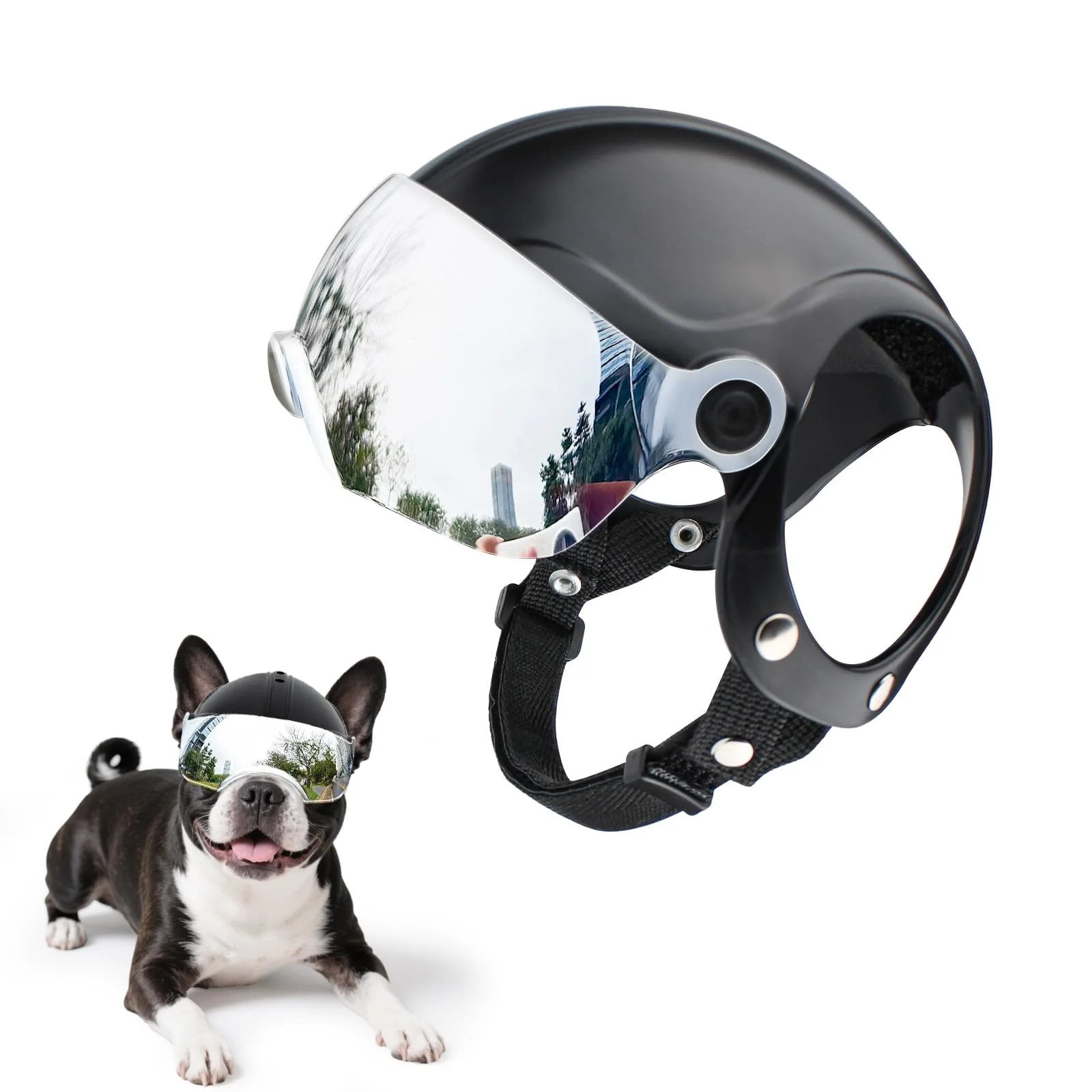 Comfortable Billionchains Dog Helmet for Small Breeds with Drop-Down Silver Visor Healthy