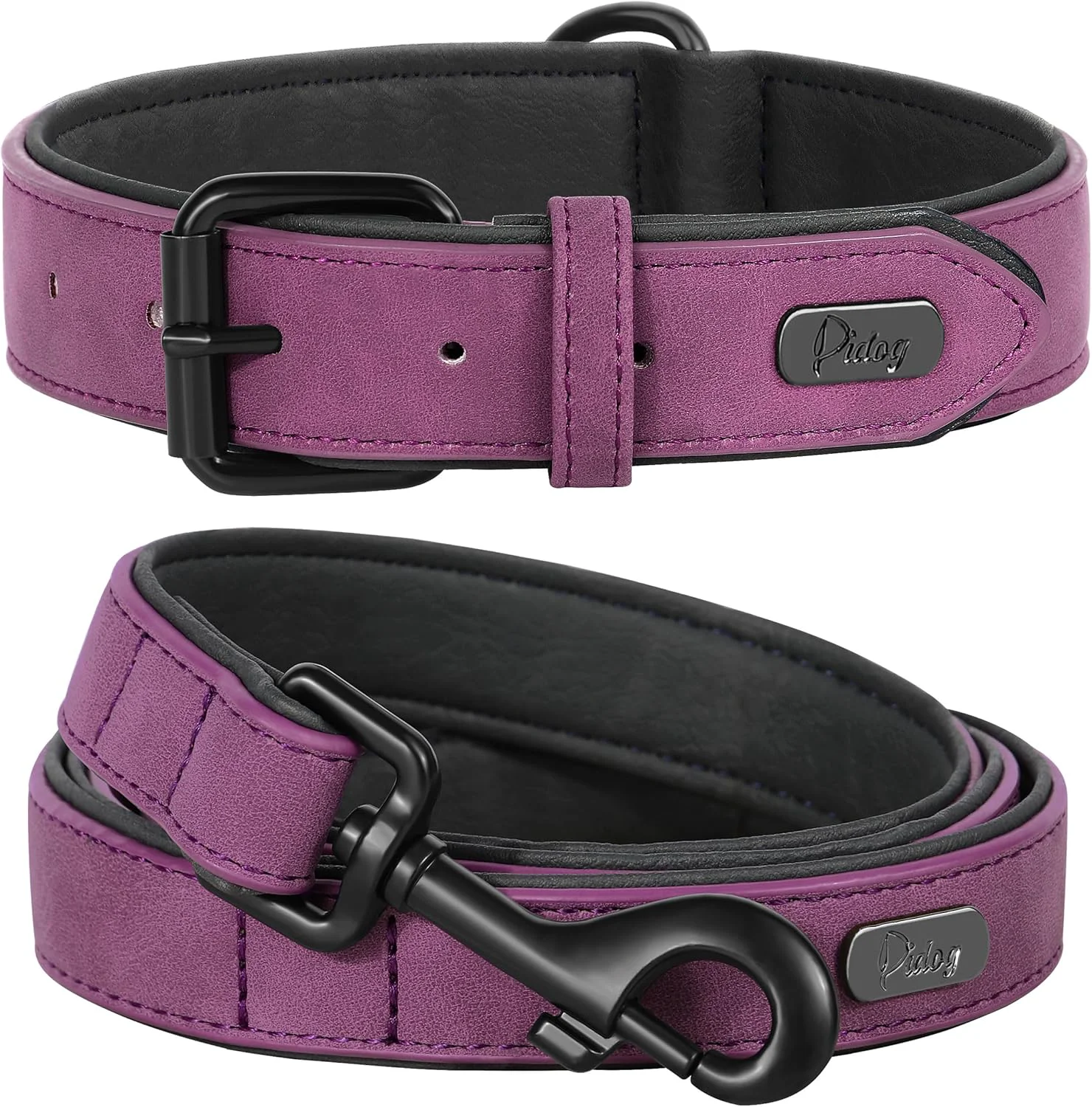 Premium Material Didog Soft Padded Leather Dog Collar and Leash Set Heavy Duty Dog Leash and Collar Set with Metal Buckle Breathable Dog Collars with 4FT Leather Dog Leash for Small Medium Large Dogs Purple L Easy-to-Use