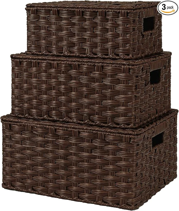 Top-Quality GRANNY SAYS Wicker Baskets with Lids Set of 3 Decorative Storage Boxes Woven Basket for Organizing Storage and Organizer Baskets Brown 3-PackAbout ThisOverview Convenient