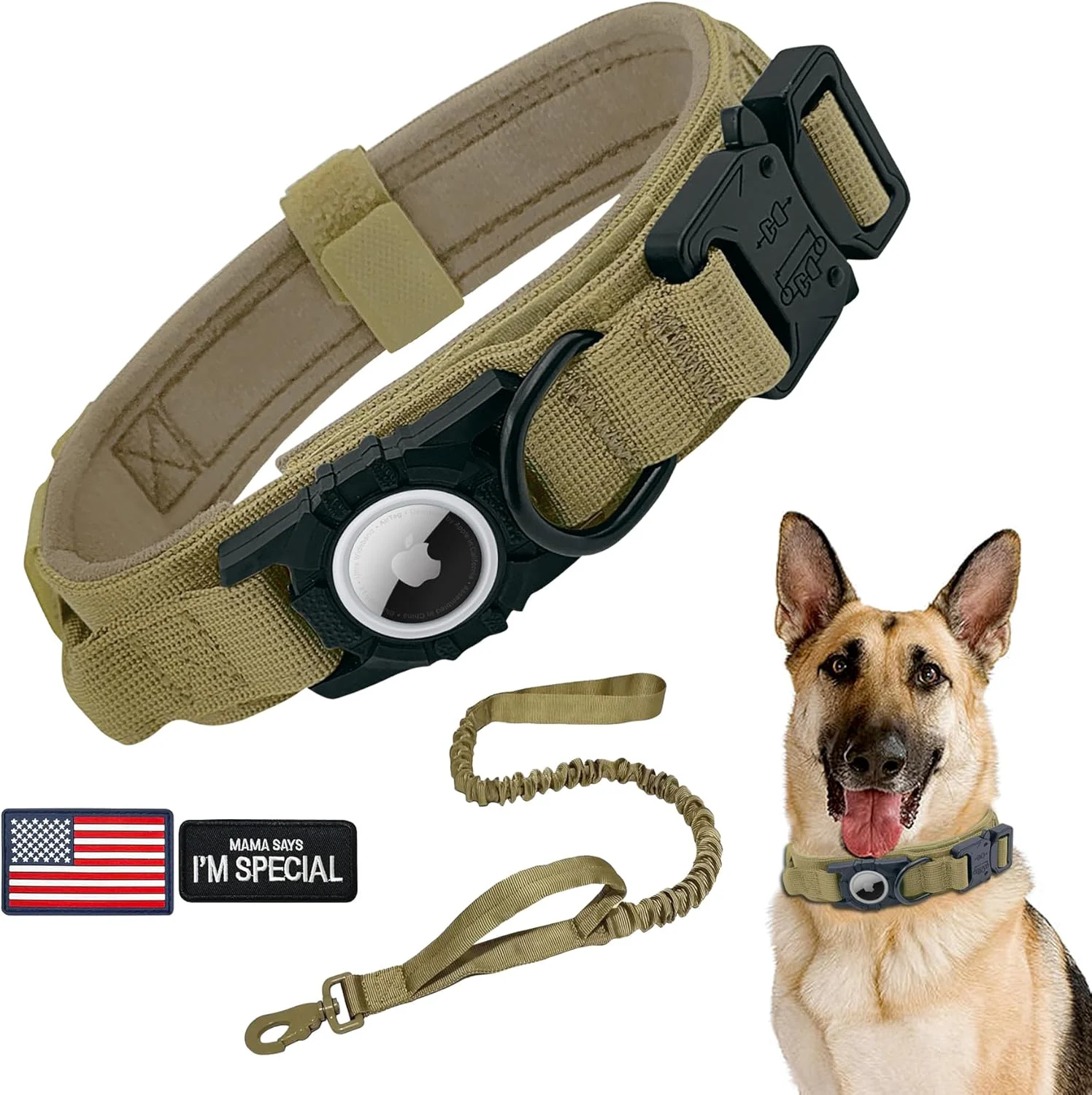 Comfortable Tactical AirTag Dog Collar Leash Set - Heavy Duty Adjustable GPS Collar Compatible with Apple AirTag with Holder Control Handle for Medium Large Dogs Brown XL Easy-to-Use
