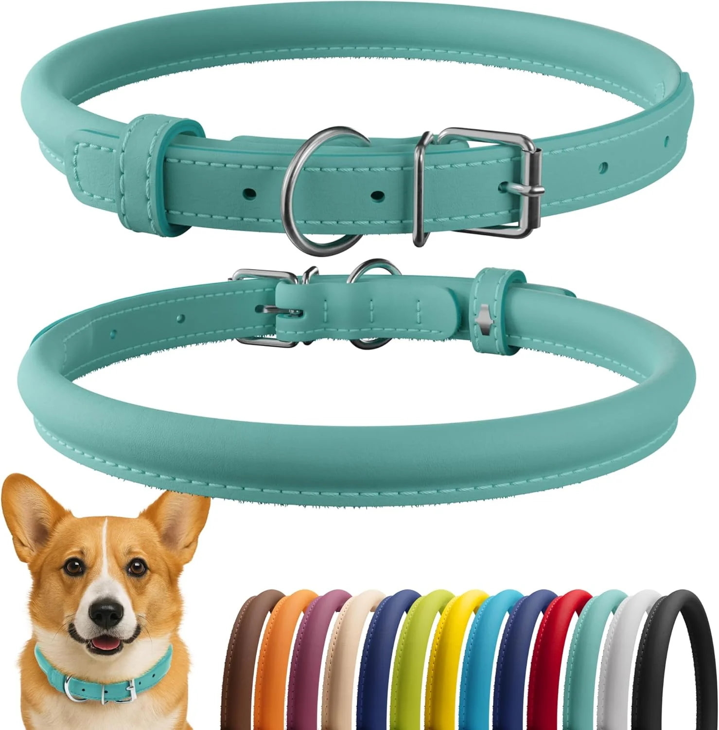 Enhanced CollarDirect Rolled Leather Dog Collar Soft Padded Round Puppy Collar Handmade Leather Collar Dog Small Large Cat Collars 13 Colors 13-16 Inch Mint Green Smooth Powerful