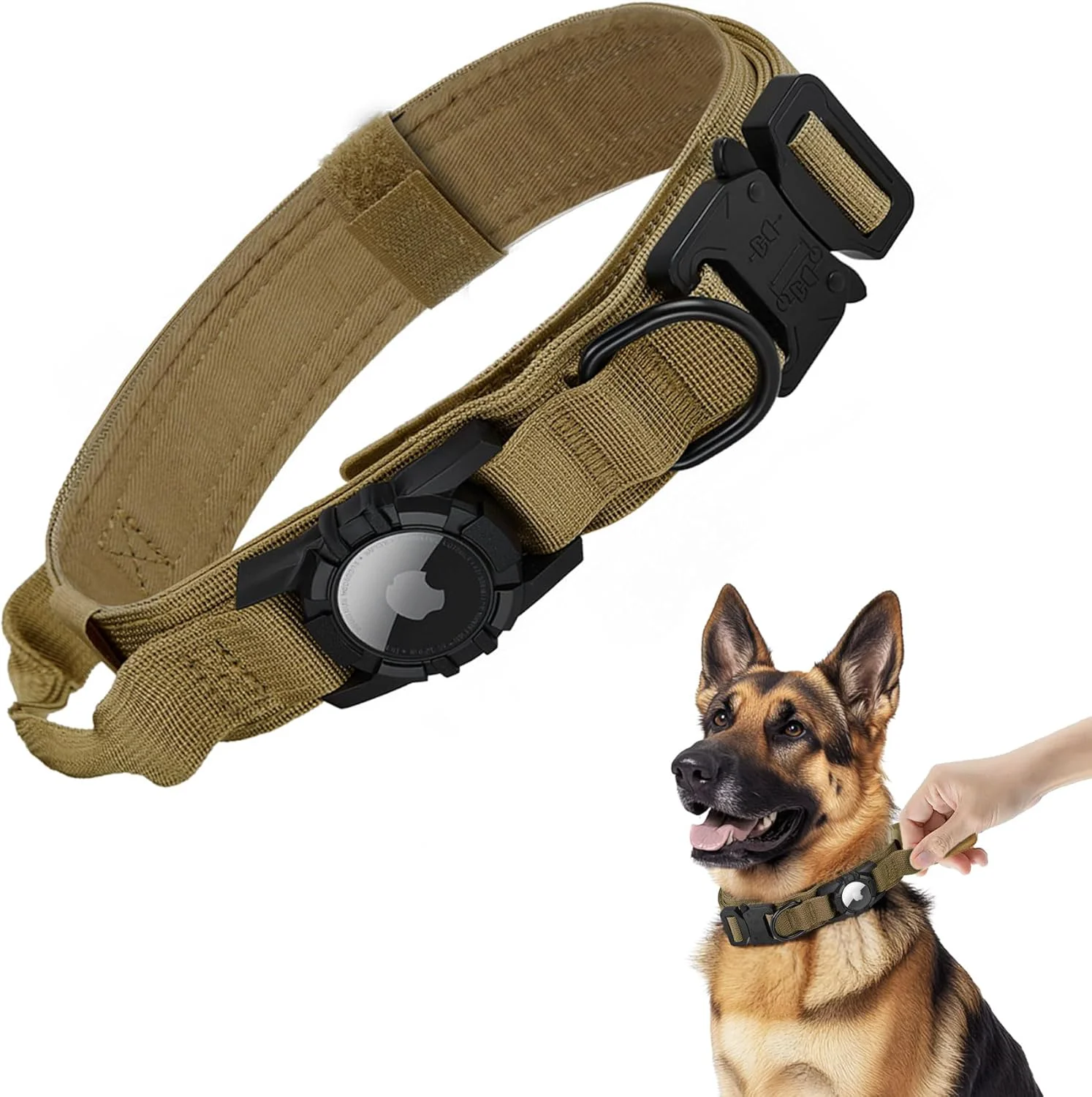 Smooth Tactical AirTag Dog Collar - Heavy Duty Adjustable GPS Collar Compatible with Apple AirTag with Holder Control Handle for Medium Large Dogs Brown XL Outstanding