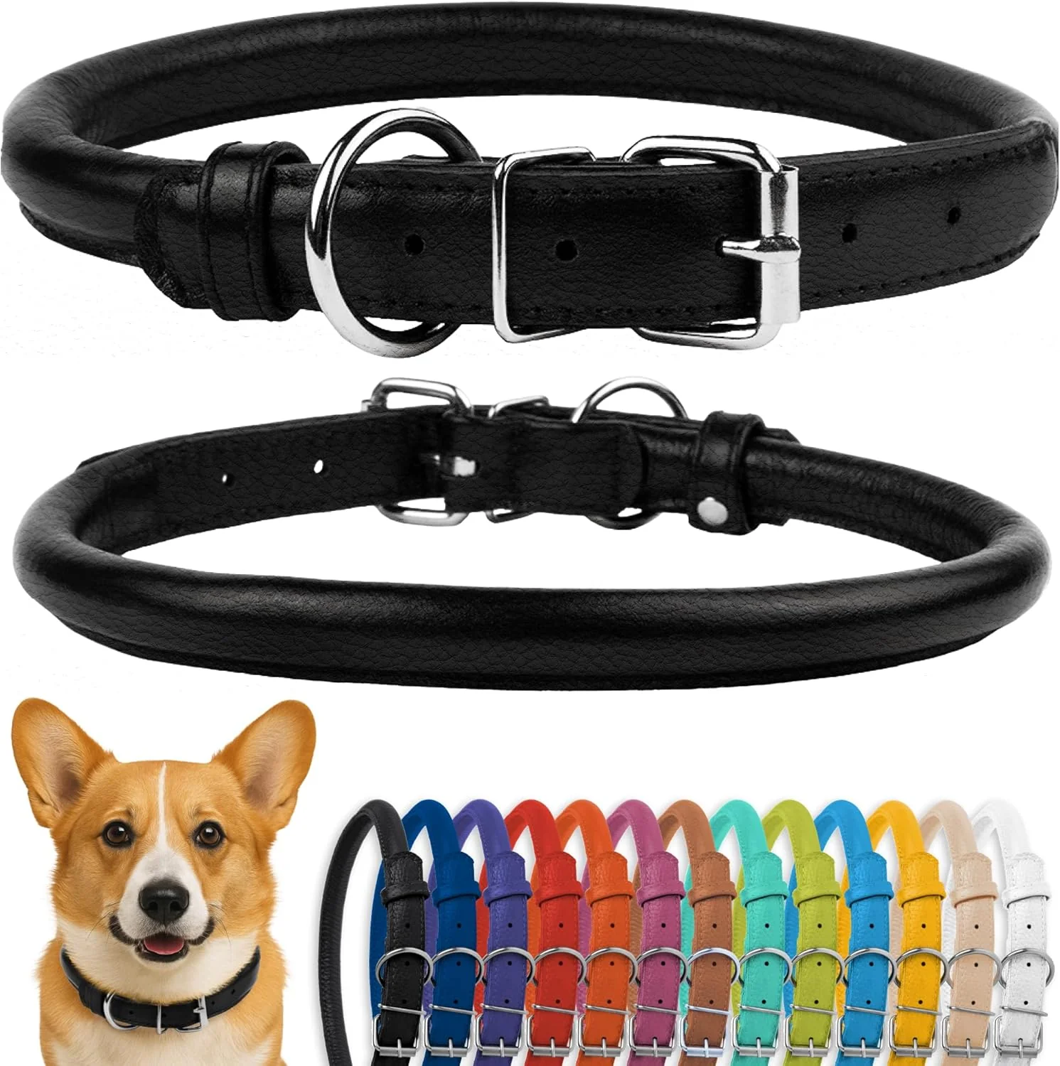 High-Grade CollarDirect Rolled Leather Dog Collar Soft Padded Round Puppy Collar Handmade Leather Collar Dog Small Large Cat Collars 13 Colors 13-16 Inch Black Textured Reusable