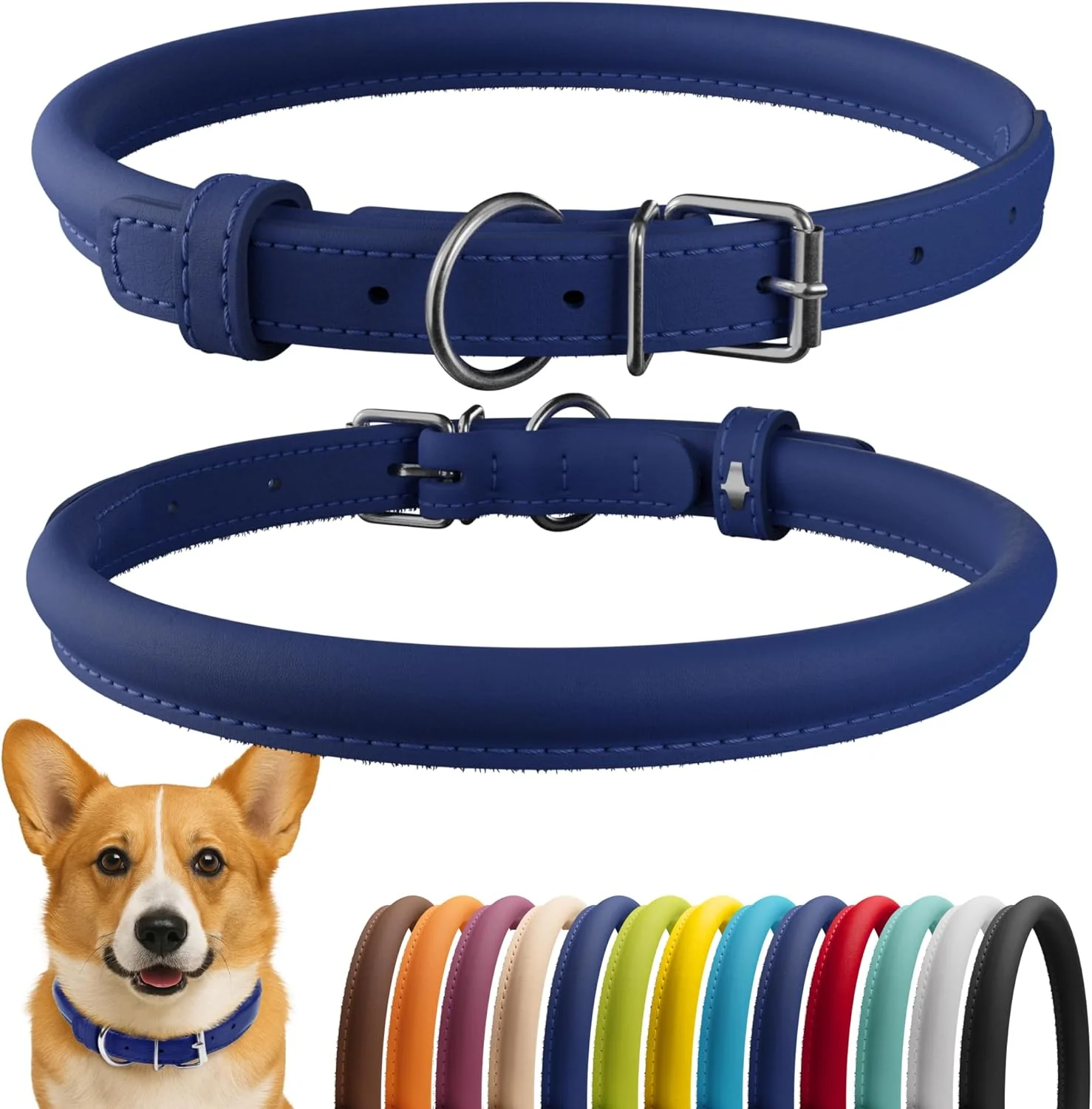 Stylish CollarDirect Rolled Leather Dog Collar Soft Padded Round Puppy Collar Handmade Leather Collar Dog Small Large Cat Collars 13 Colors 11-14 Inch Deep Blue Smooth Environmentally Friendly