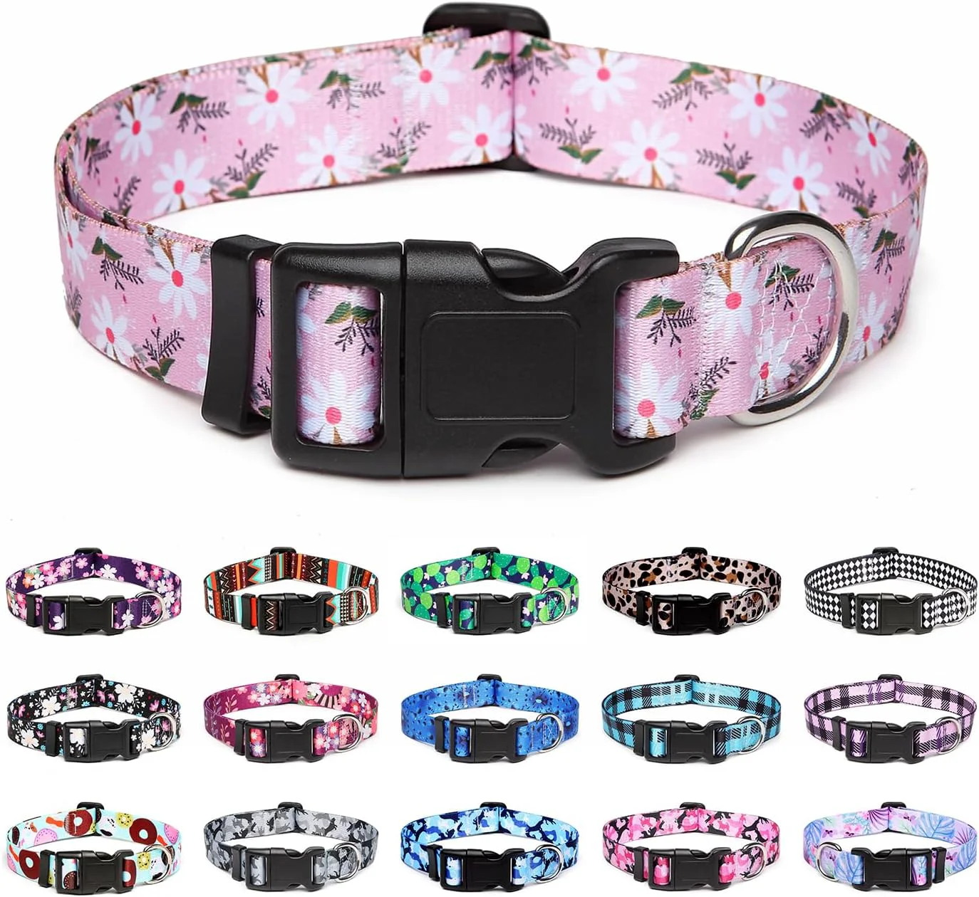 Innovative Mercano Adjustable Dog Collar - Special Design Patterns Soft Nylon Comfortable Durable Pet Collar for Small Medium Large Dogs M Pink White Flower Quality