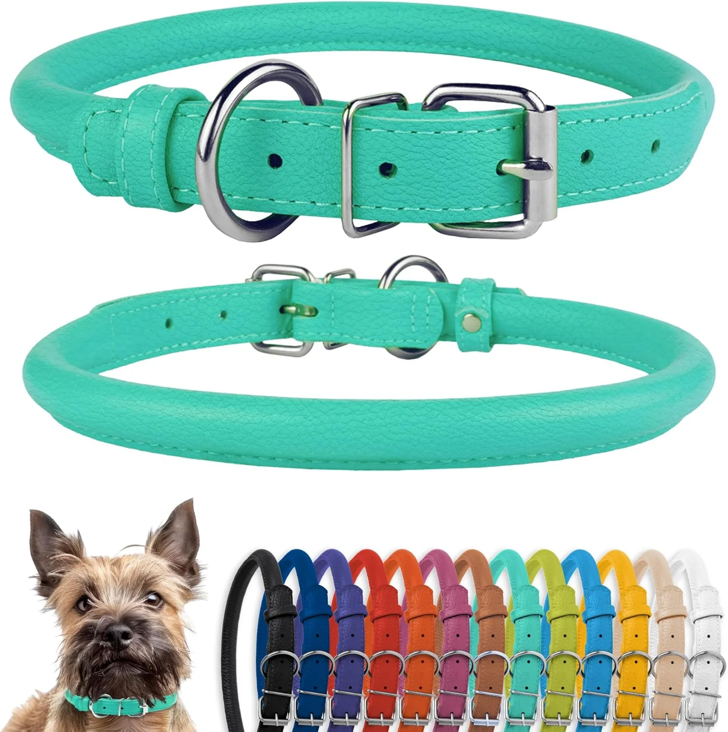 Recyclable CollarDirect Rolled Leather Dog Collar Soft Padded Round Puppy Collar Handmade Leather Collar Dog Small Large Cat Collars 13 Colors 8-11 Inch Mint Green Textured Authentic