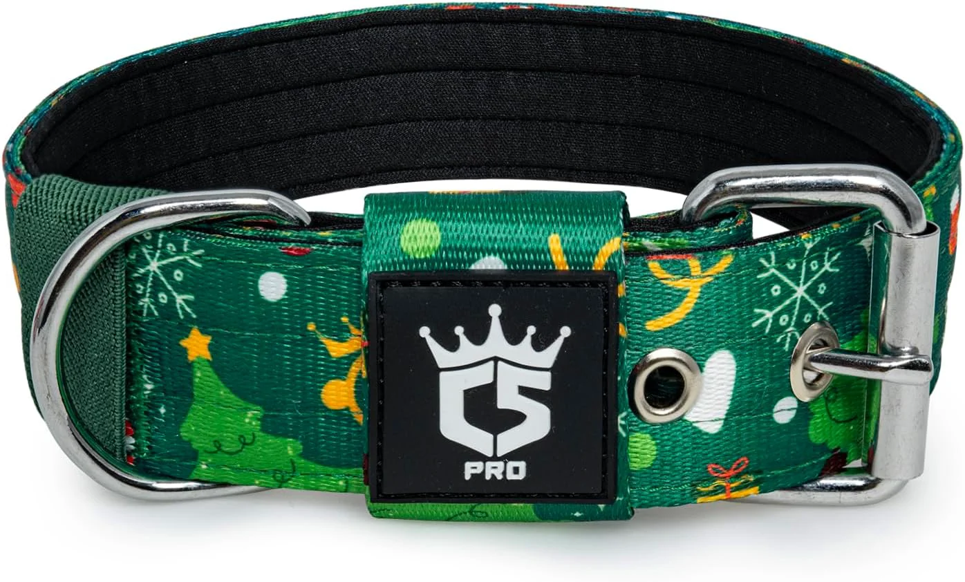 Official TSPRO Tactical Dog Collar 1.5 Inch Wide Thick Dog Collars with Heavy Duty Metal Buckle Durable Strong Adjustable for Medium to Large Dogs Christmas Green L High-Grade