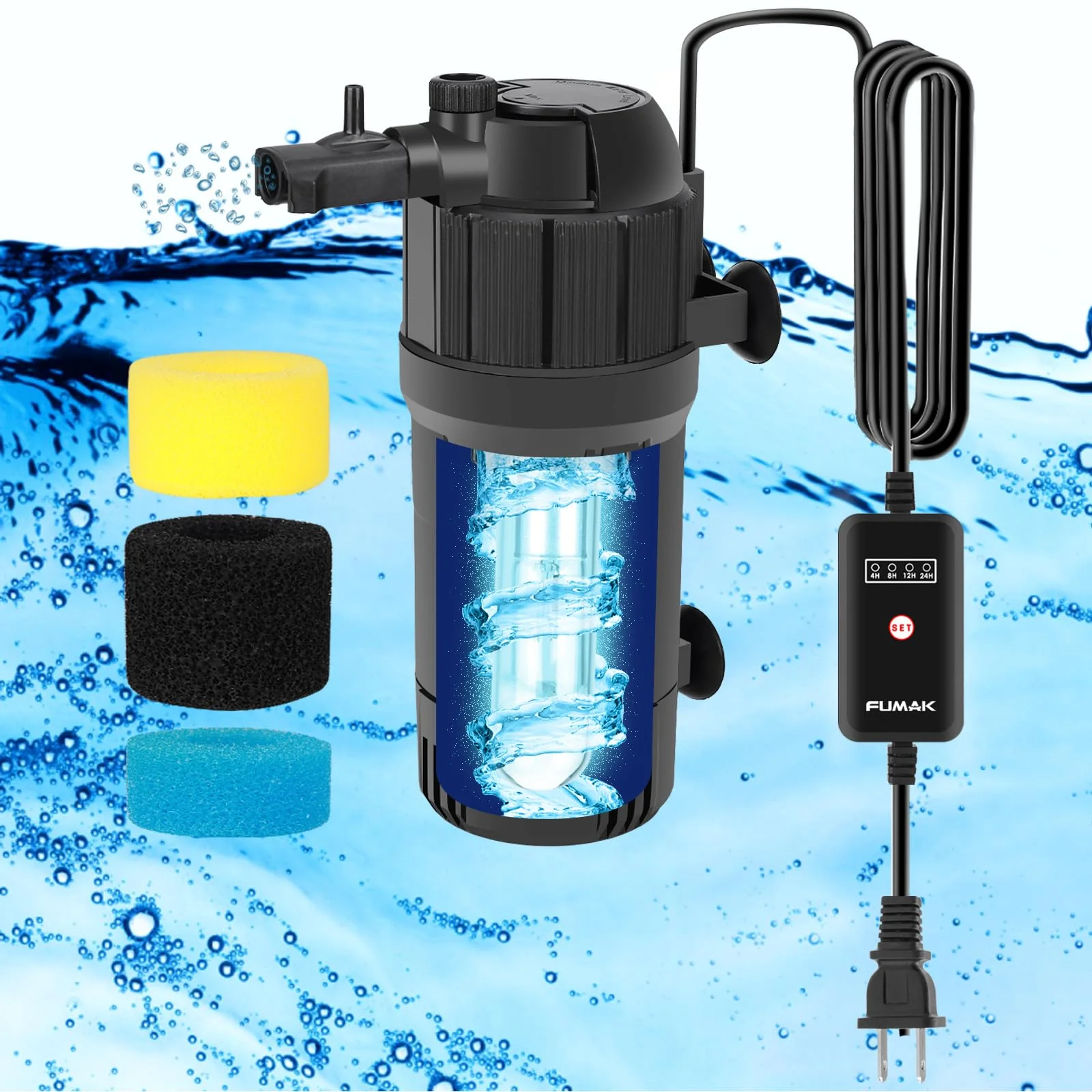 Relaxed FUMAK U-V Aquarium Filter for 10-40 Gallon Tanks — Dual Aeration Rainfall Modes with Timer Traditional