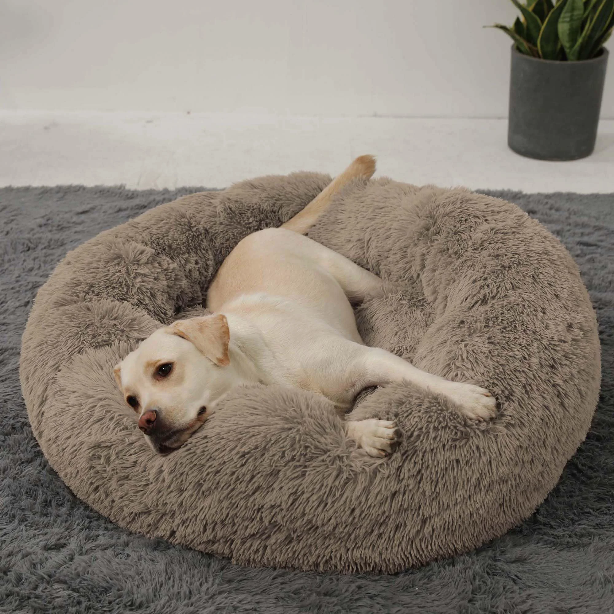 Long-Lasting HACHIKITTY Calming Donut Cuddler Dog Bed – Large Taupe Round Bed 30in Recyclable