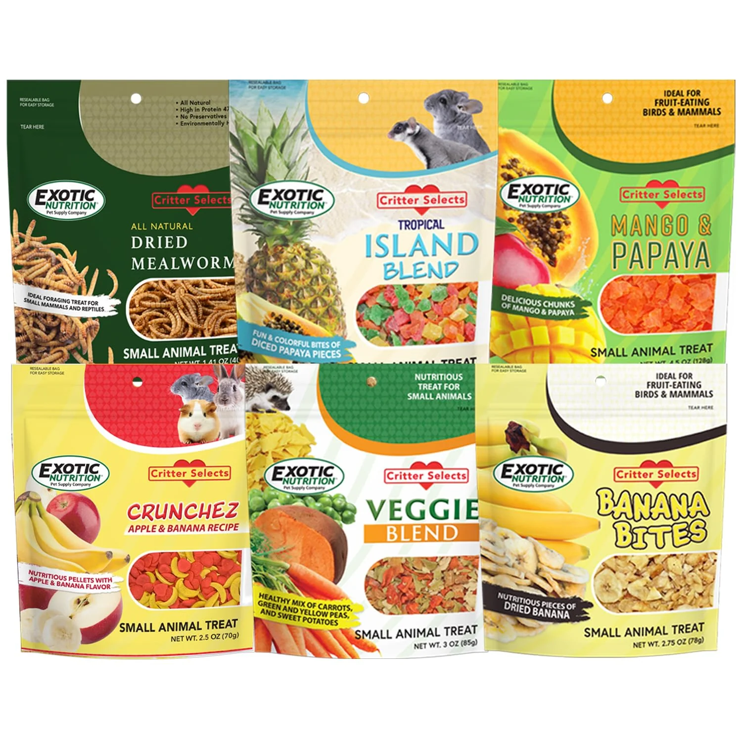 Exceptional Exotic Nutrition Treat Assortment 6 Pack – Varied Treats for Sugar Gliders Hedgehogs Small Mammals Detailed