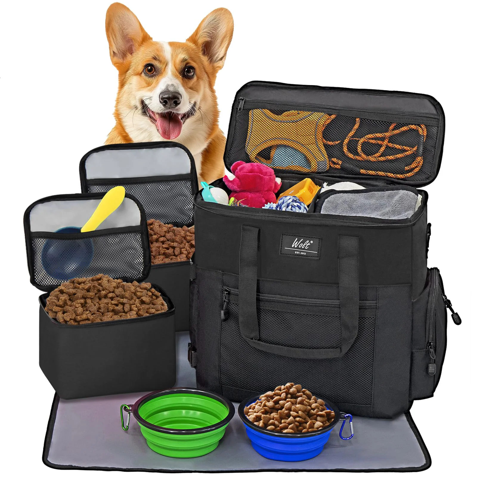 Fashionable WOLT Dog Travel Bag – All-in-One Travel Kit for Dogs with 2 Collapsible Bowls 2 Food Containers Place Mat Black Durable