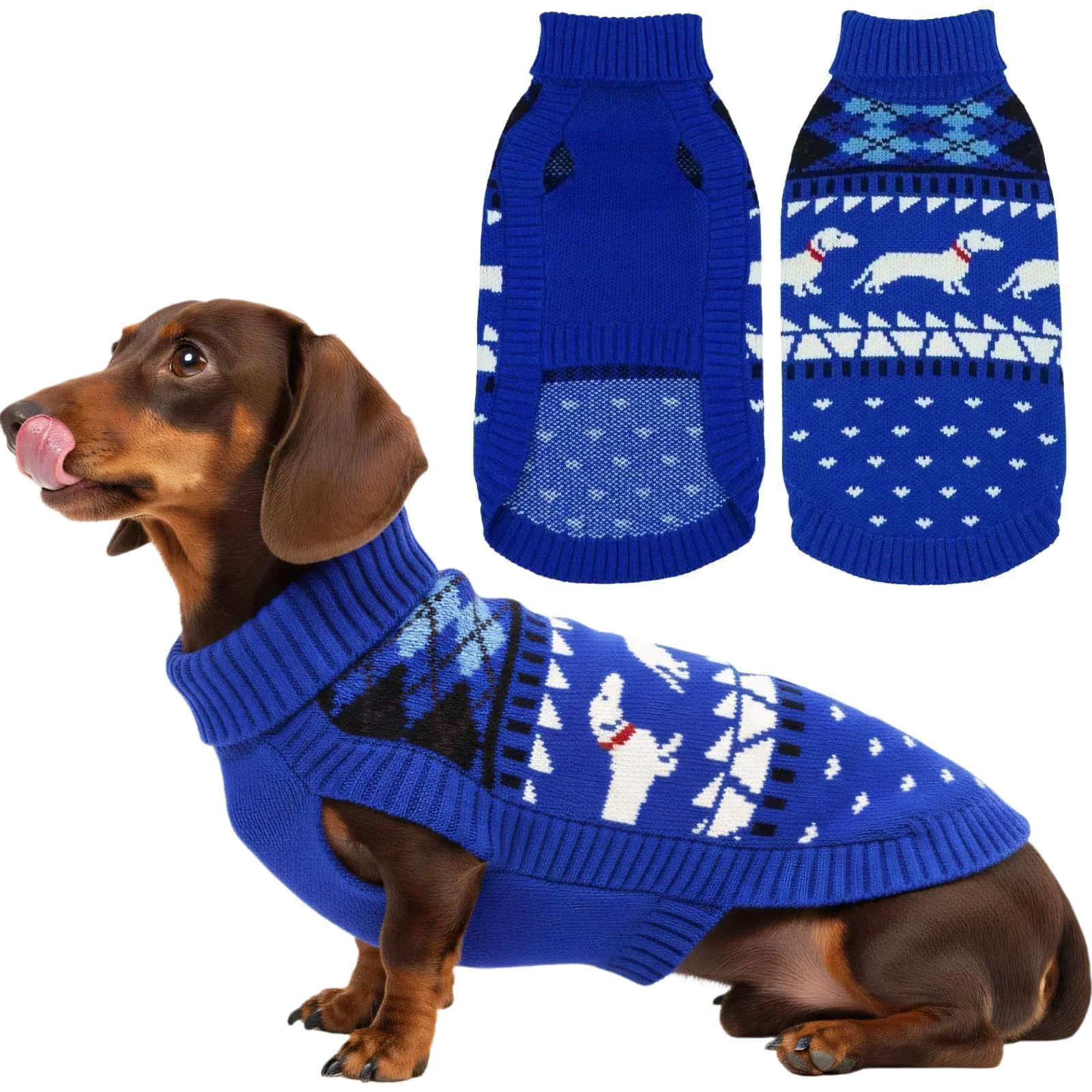 Reusable T'CHAQUE Christmas Ultra-Soft Thermal Dachshund Sweater – Blue Size S Winter Knit for Long-Back Dogs Environmentally Friendly