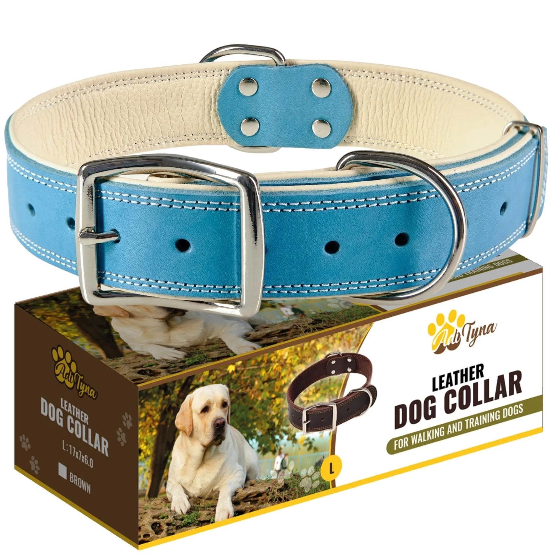 Reusable ADITYNA Heavy-Duty Leather Dog Collar for Large Dogs — Soft Padded Comfort Blue for Walking Training Hiking Next-Generation