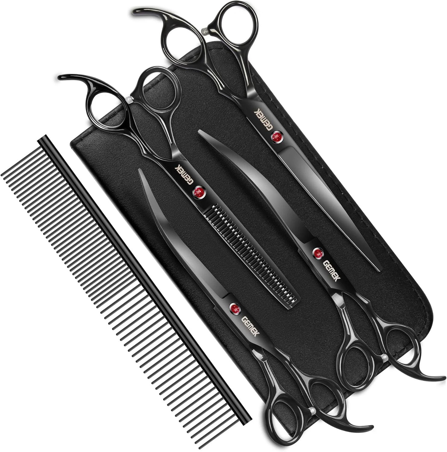 Fine Crafted 7.0in Titanium Professional Dog Grooming Scissors Set GEMEK 6 in 1 Straight Thinning Upwards Curved Downwards Curved Scissors Comb for Dogs Cats and Other Animals Black Next-Generation