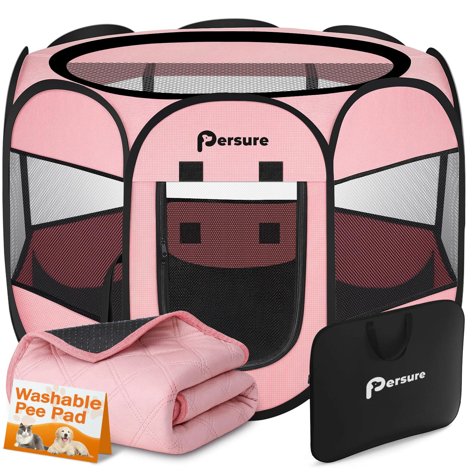 Organic Persure Dog Cat Playpen Indoor Outdoor – Premium Pink with Pad Small Portable Pop-Up Kennel Smart