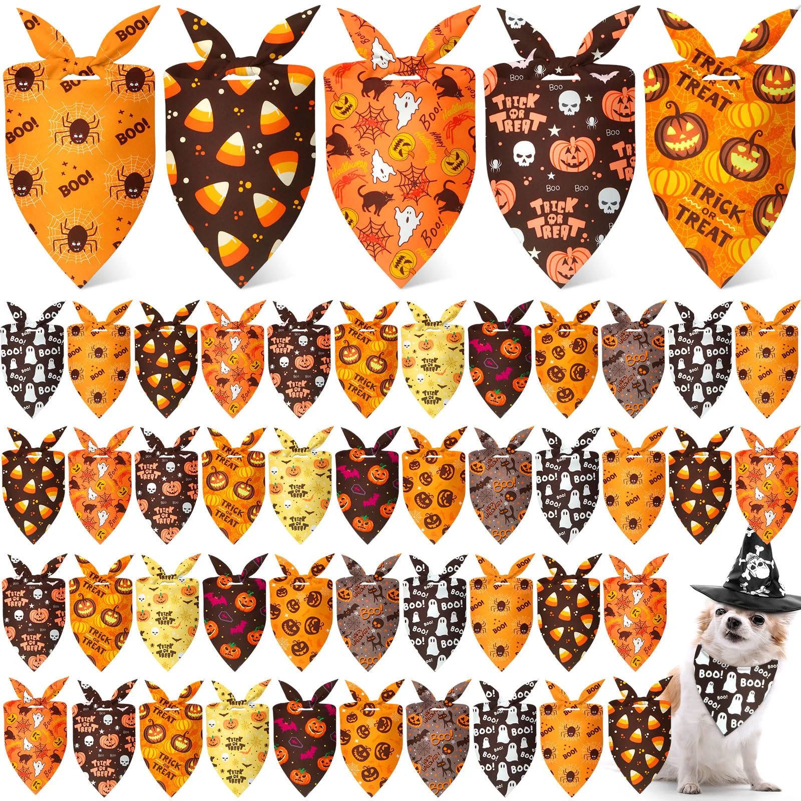 Expertly Made Weewooday 50 Pcs Halloween Dog Bandanas Bulk – Pumpkin Ghost Bat Spider Designs Adjustable Triangle Bibs for Small to Large Dogs Secure