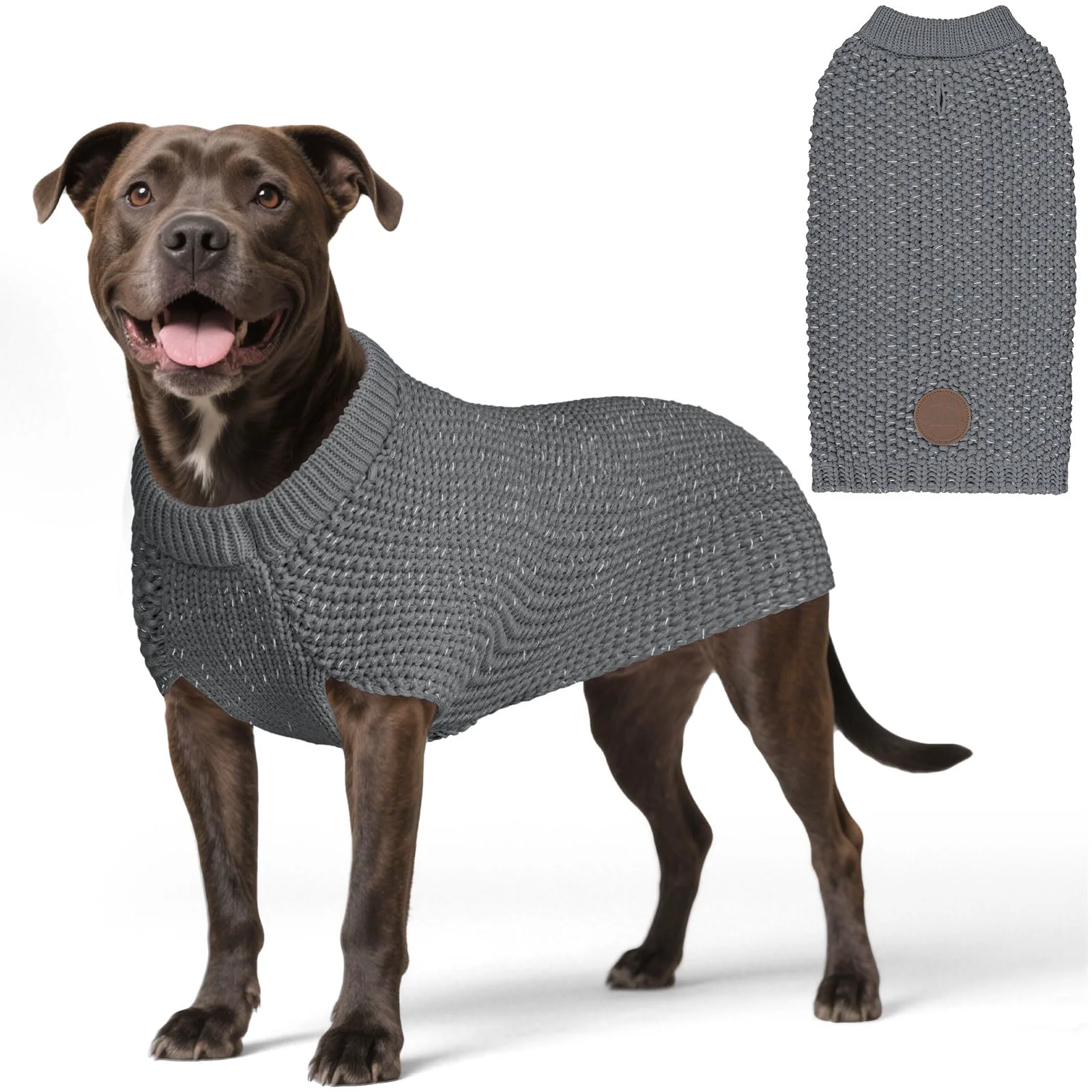 Sustainable KYEESE Reflective Dog Sweater with Leash Hole – Warm Knit Coat for Small to Large Dogs Grey Large Stylish