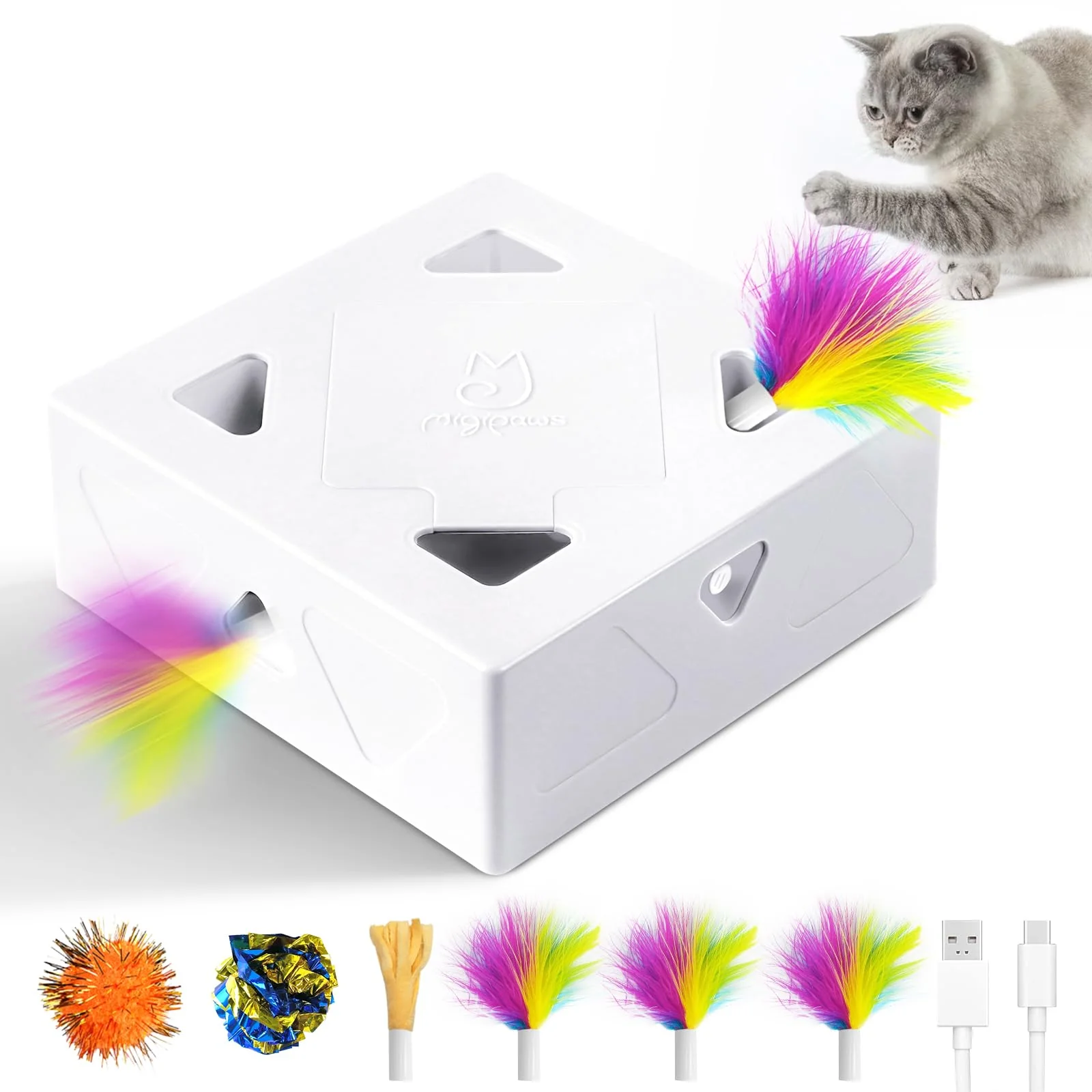 Functional Migipaws Migibox Interactive Cat Toys for Indoor Cats – Purple Skin Motion-Activated USB-C Rechargeable Convenient