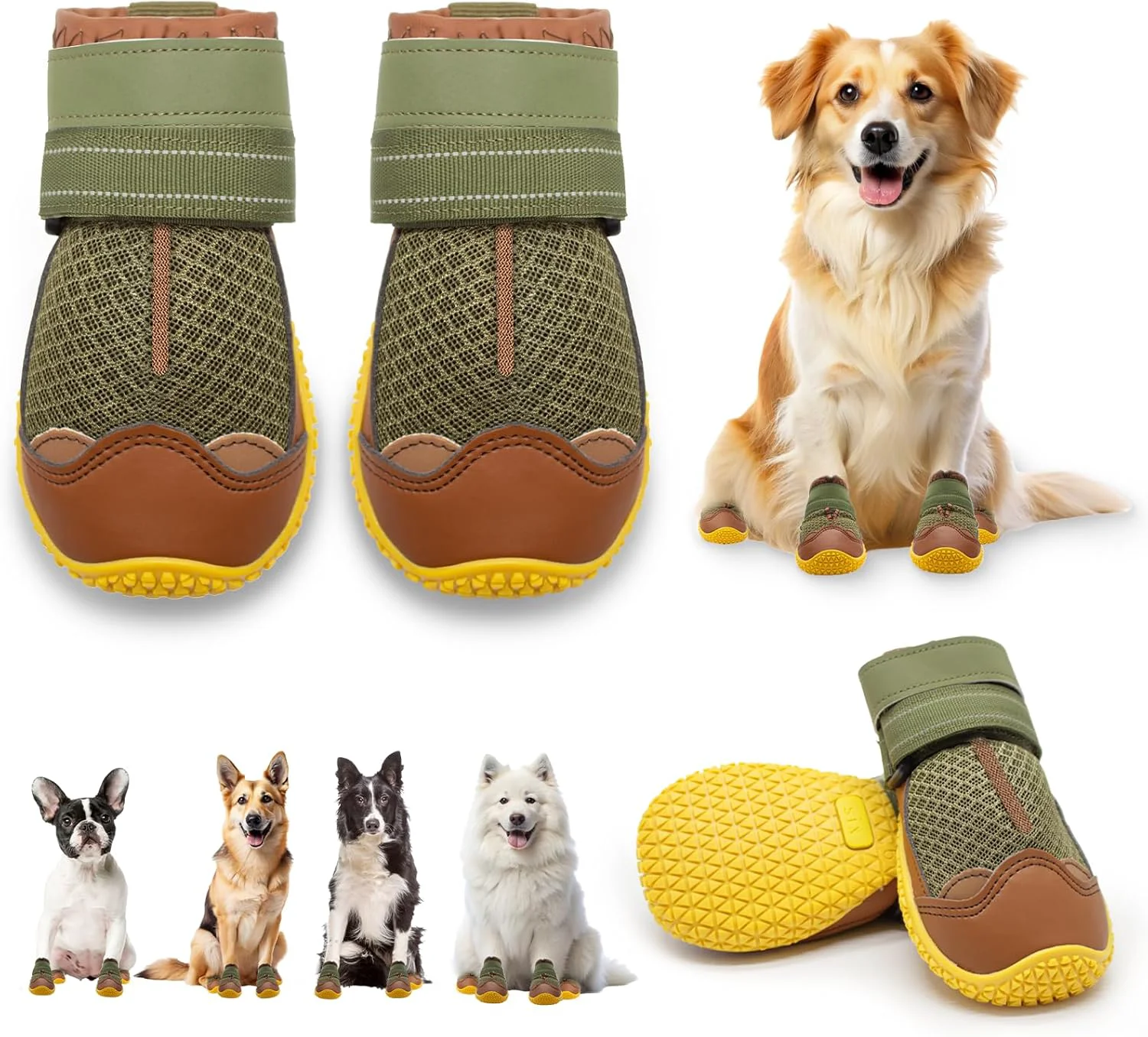Green Dog Shoes for Large Dogs Medium Dog Boots Paw Protectors for Hardwood Floors Outdoor Dog Booties for Hot Pavement Winter Snow Hiking Breathable Dog Shoes with Reflective Strips Size 8 Durable