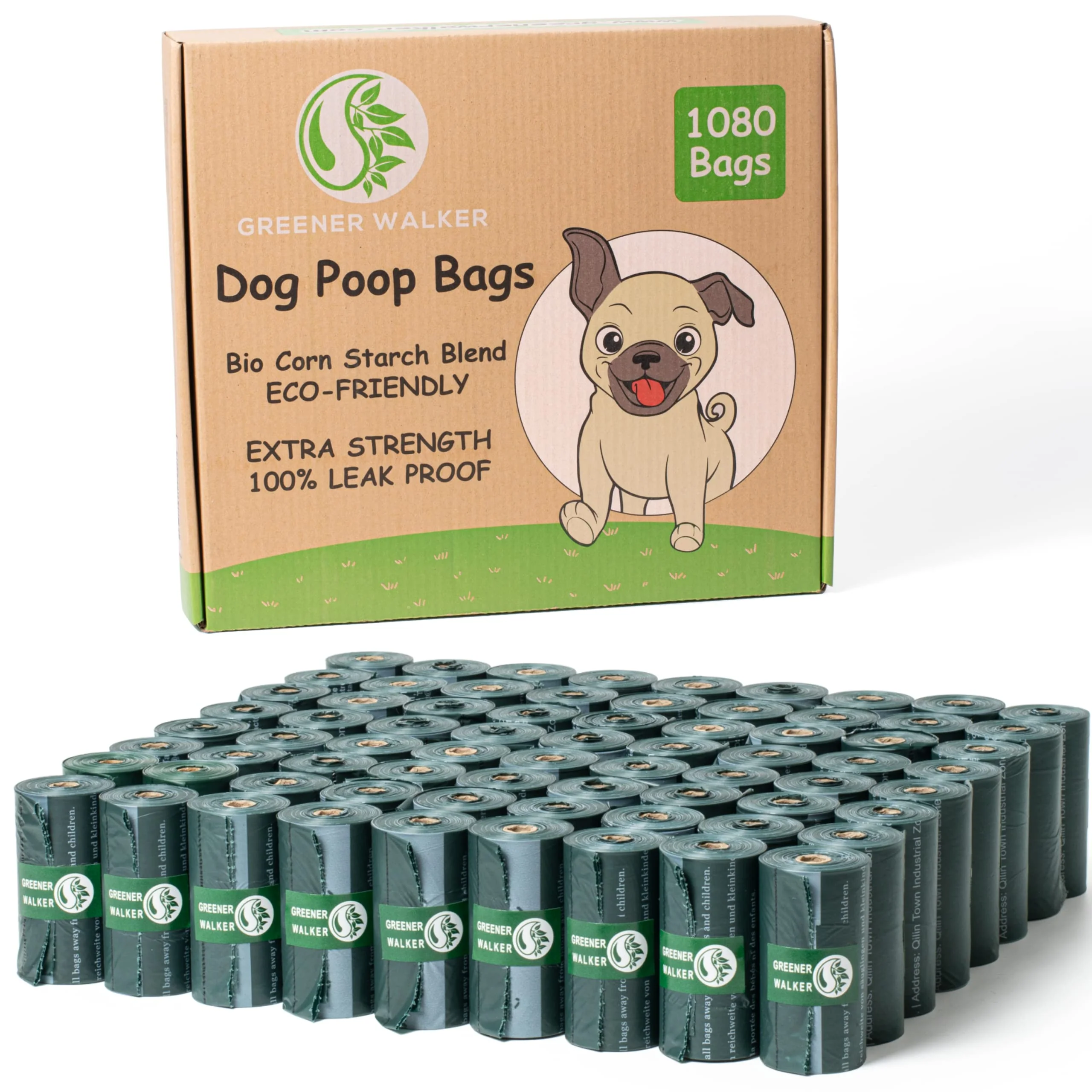 Relaxed GREENER WALKER Poop Bags — 1080 Extra-Thick Leak-Proof Dog Waste Bags Deep Green Organic