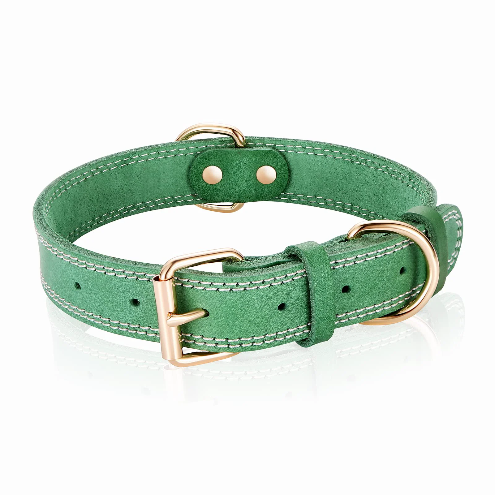 Classic DAIHAQIKO Leather Dog Collar – Heavy Duty Wide Collar XL 1.4 inch Dual Stitch Green Recyclable