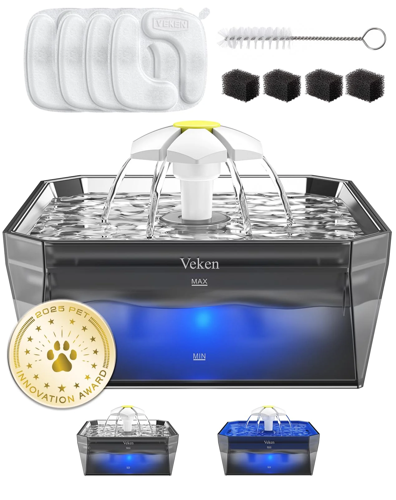 Fast Veken 50oz Small Pet Water Fountain with Stainless Steel Lid – Quiet Pump Easy Clean 4 Filters Included – Silver Crafted