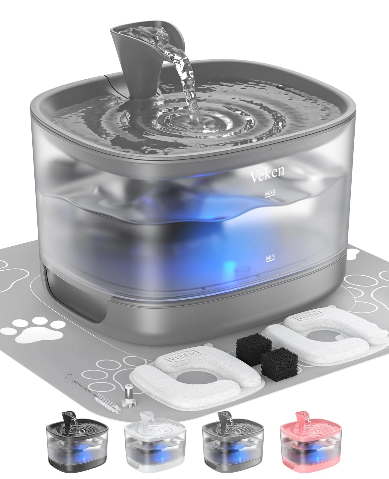 Efficient Veken Cat Water Fountain with Detachable Tank 84oz Quiet 25-30dB LED Light Easy Clean Assembly Powerful