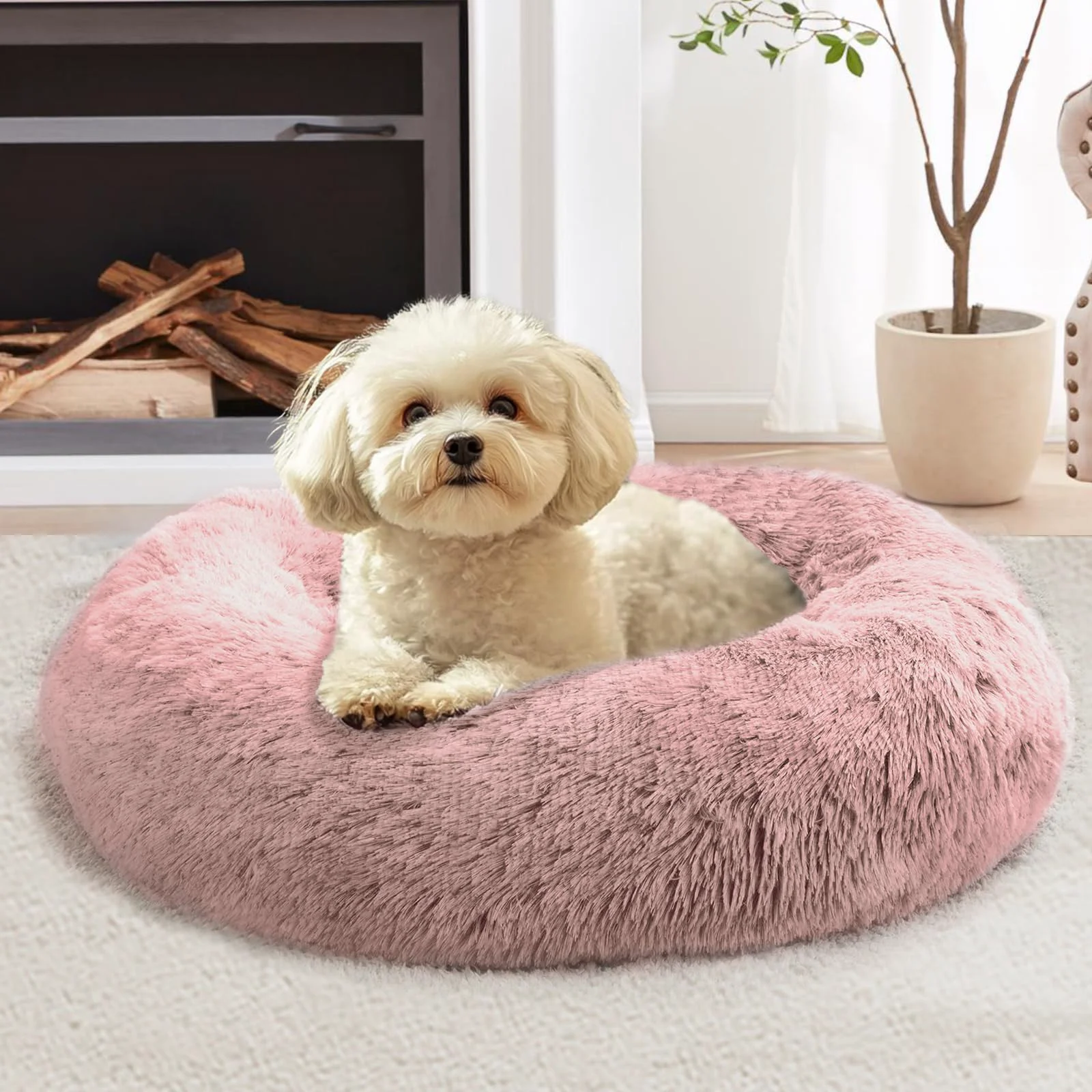 Exceptional JOLLYVOGUE Calming Dog Bed 27-Inch Donut Dark Pink Fluffy Faux Fur Round Pet Bed First-Class