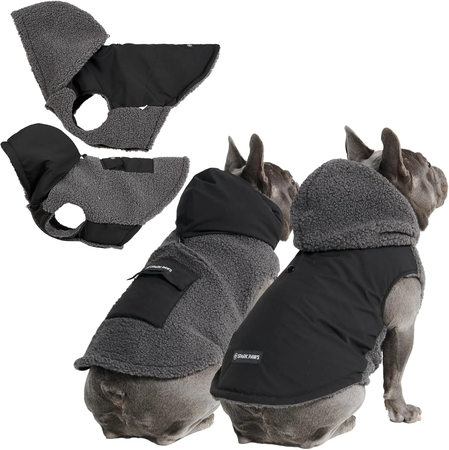 Functional Spark Paws Reversible Dog Sweater Sherpa Jacket Vest with Warm Fleece Lining Warm Coat for Winter Suitable for Small Medium Large XL XXL Dogs - Black and Grey - XL World-Class