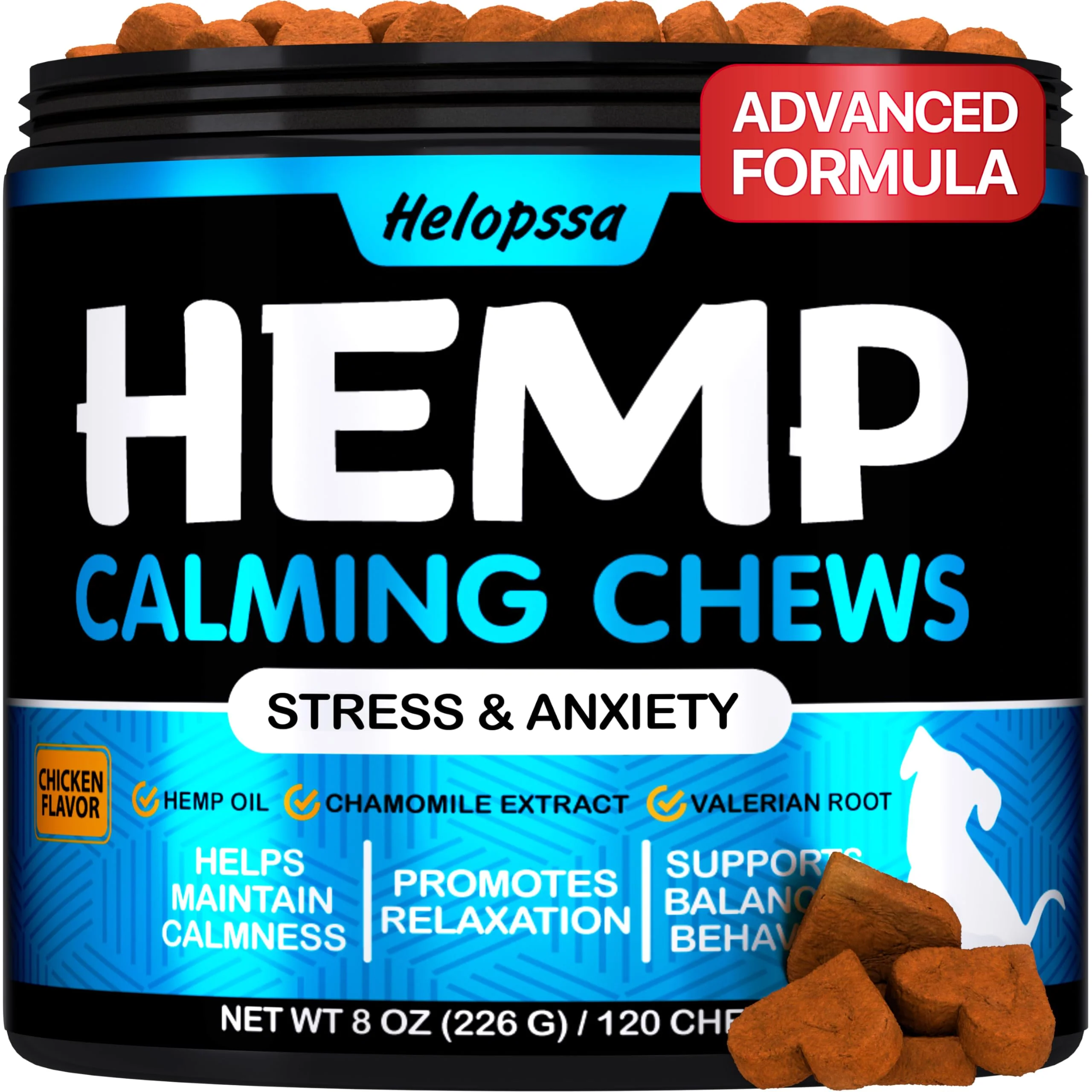 Reusable Helopssa Hemp Calming Chews for Dogs – Anxiety Relief with Valerian L-Tryptophan Hemp Oil Chicken 120 High-Grade