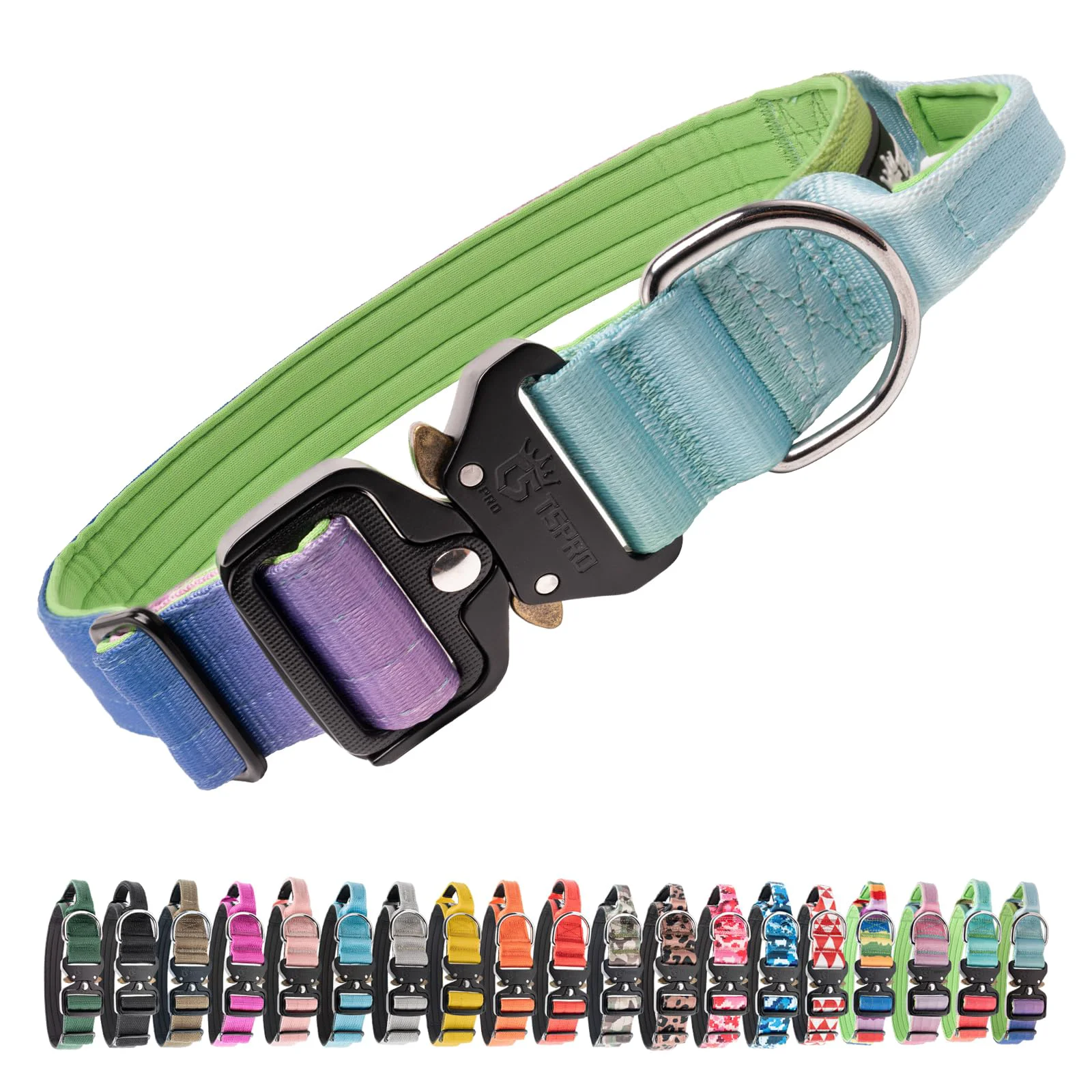 Clean TSPRO Premium Tactical Dog Collar with Handle – Gradient Rainbow Heavy-Duty Quick-Release Buckle Genuine