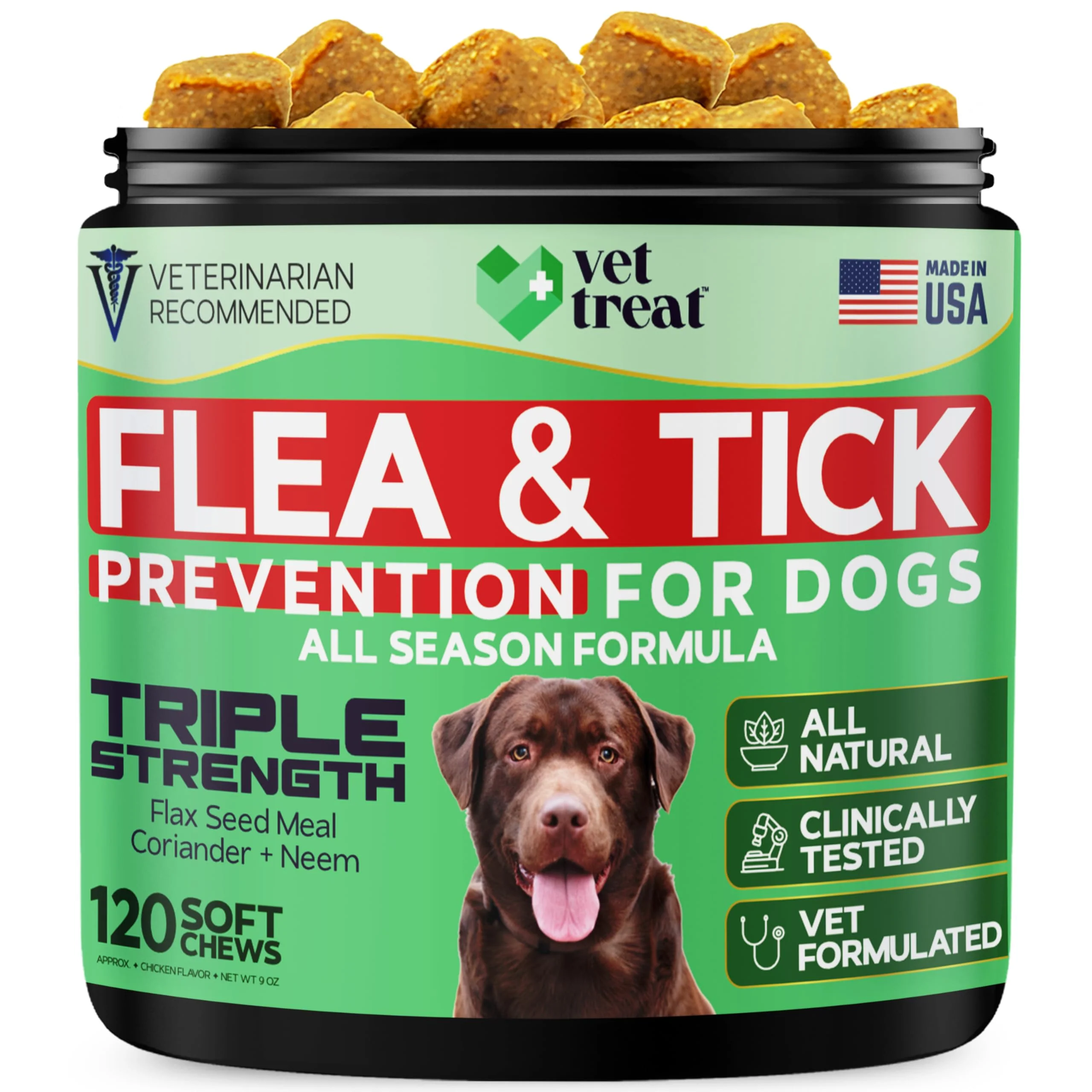 Original Design Flea and Tick Prevention for Dogs Chewables - Vet Treat Made in USA Natural Dog Flea and Tick Treatment - All Breeds Sizes 120 Chicken Soft Treats Convenient