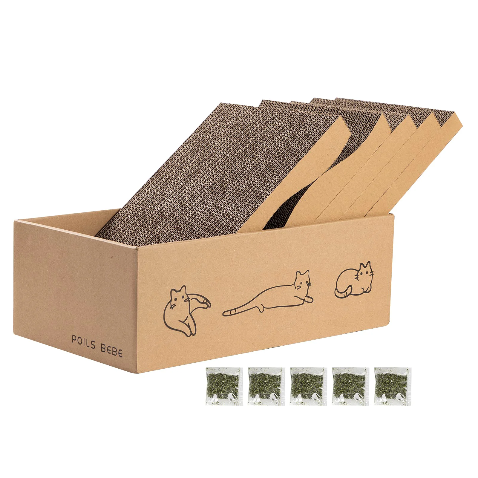 Elite Poils bebe 5 PCS Cat Scratcher with Box - Reversible Cardboard Scratcher for Indoor Cats 2 Curved 3 Flat Catnip User-Friendly