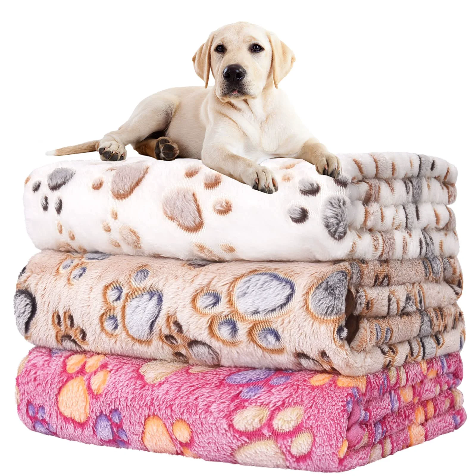 Secure Rezutan Dog Blankets for Large Dogs — 3-Pack Washable 41 x 31 in Soft Flannel Paw Pattern Authentic