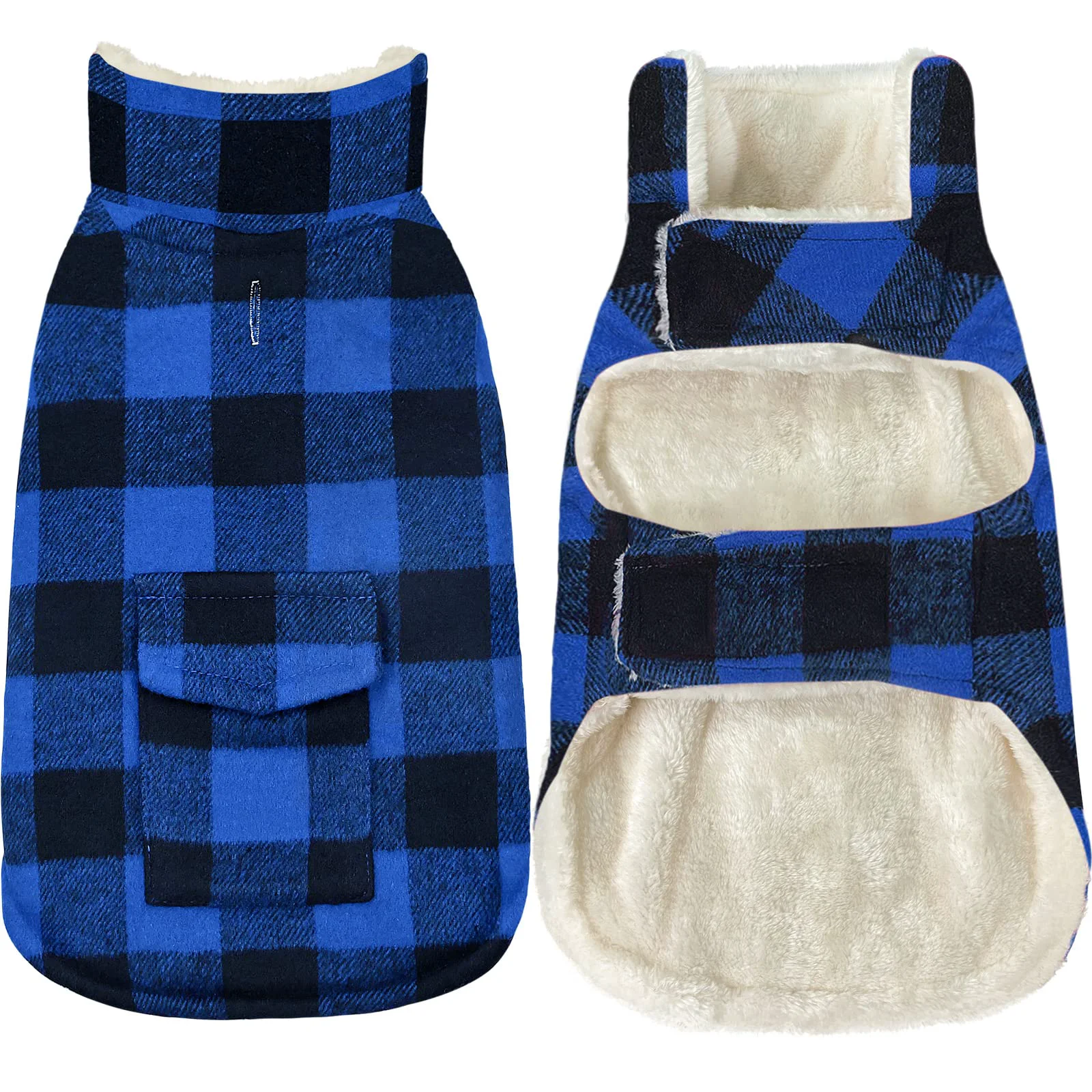 Eco-Friendly Malier Classic Plaid Fleece Dog Coat – Windproof Winter Jacket with Pocket Blue Medium Superior