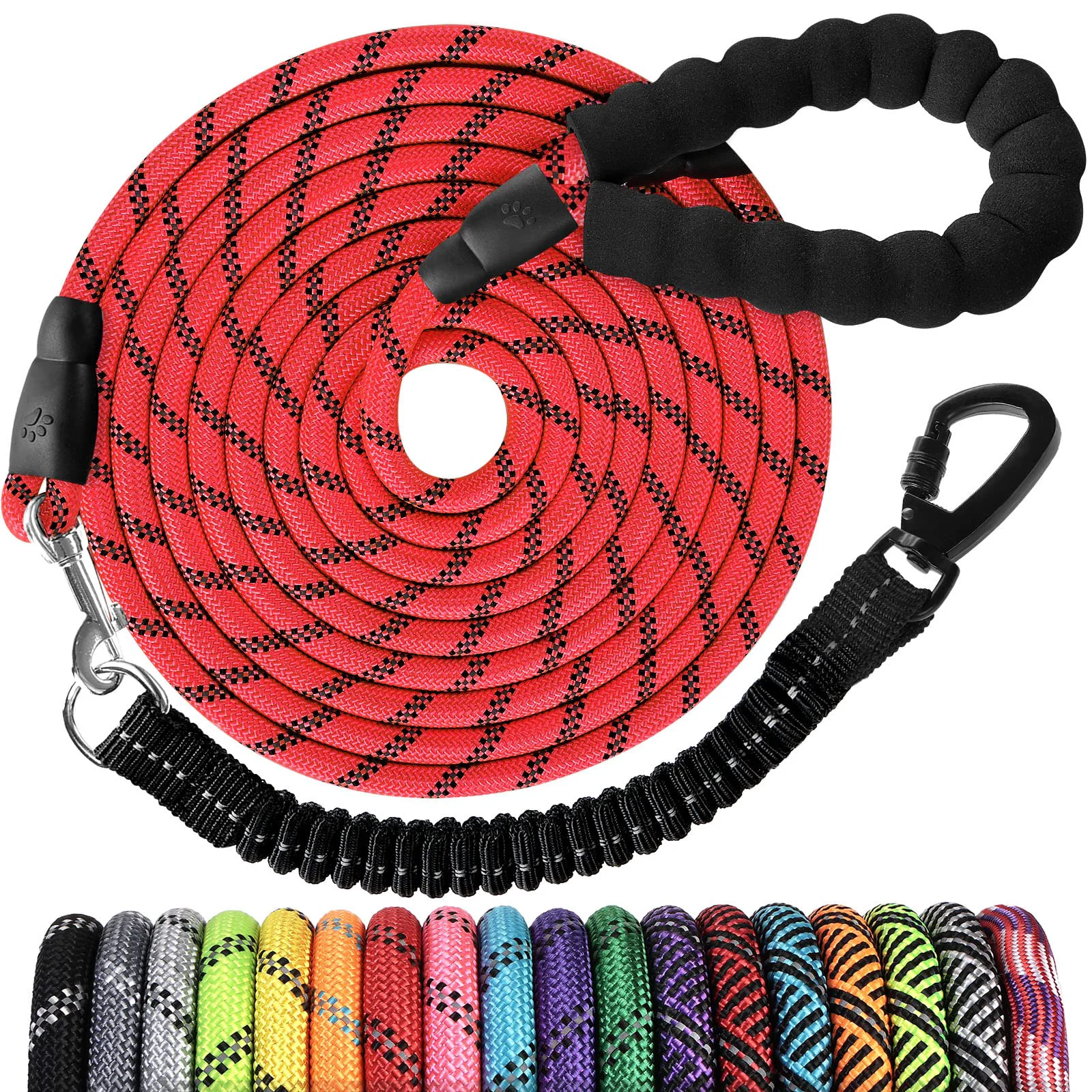 Clean Jenico Long Dog Leash 30ft - Heavy-Duty Rope with Padded Handle Reflective Bungee 360° Swivel Hook Powerful