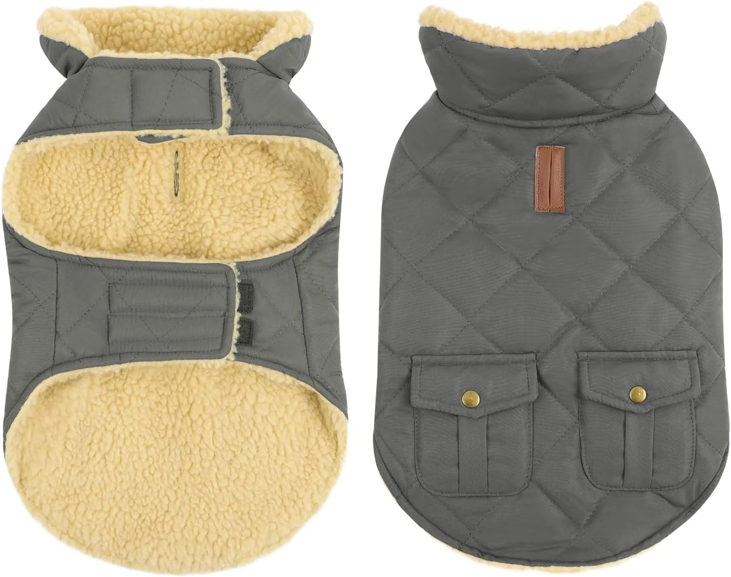 Smooth Queenmore Dog Winter Coat - Fleece Jacket Waterproof Cold Weather Clothes Thick Warm Cotton Padding Easy On Storage Pockets Grey Large Crafted