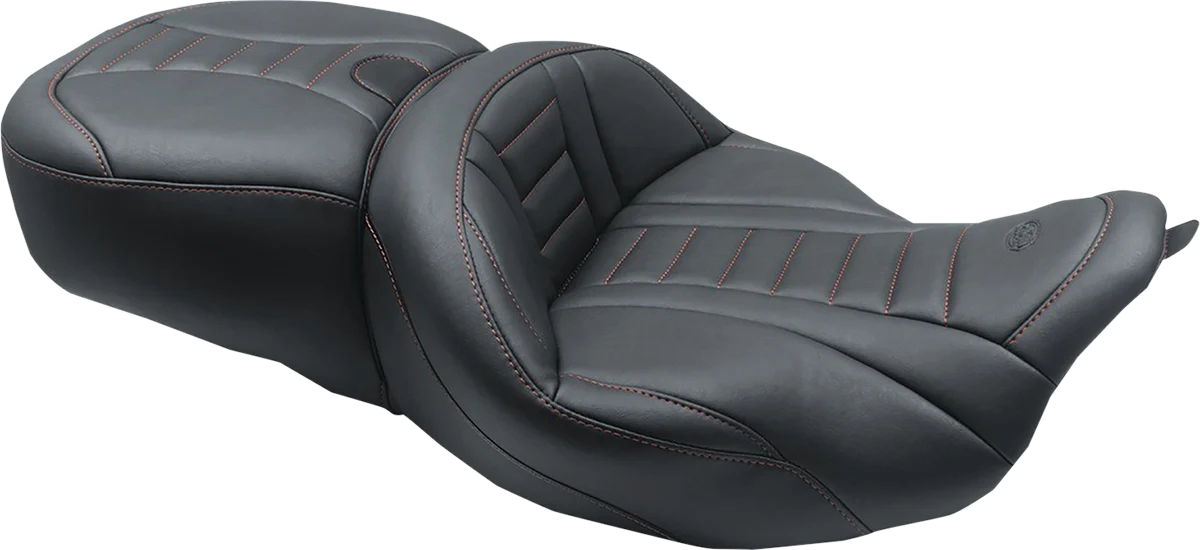 Modern MUSTANG One-Piece Deluxe Touring Seat - Black w American Beauty Red Stitching 79006AB Secure
