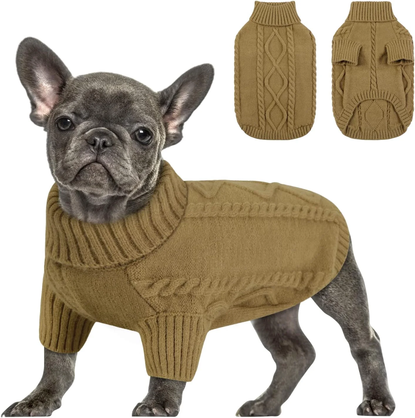 Official Queenmore Small Dog Pullover Sweater Cold Weather Cable Knitwear Classic Turtleneck Thick Warm Clothes for Chihuahua Bulldog Dachshund Pug Light Brown X-Large Contemporary