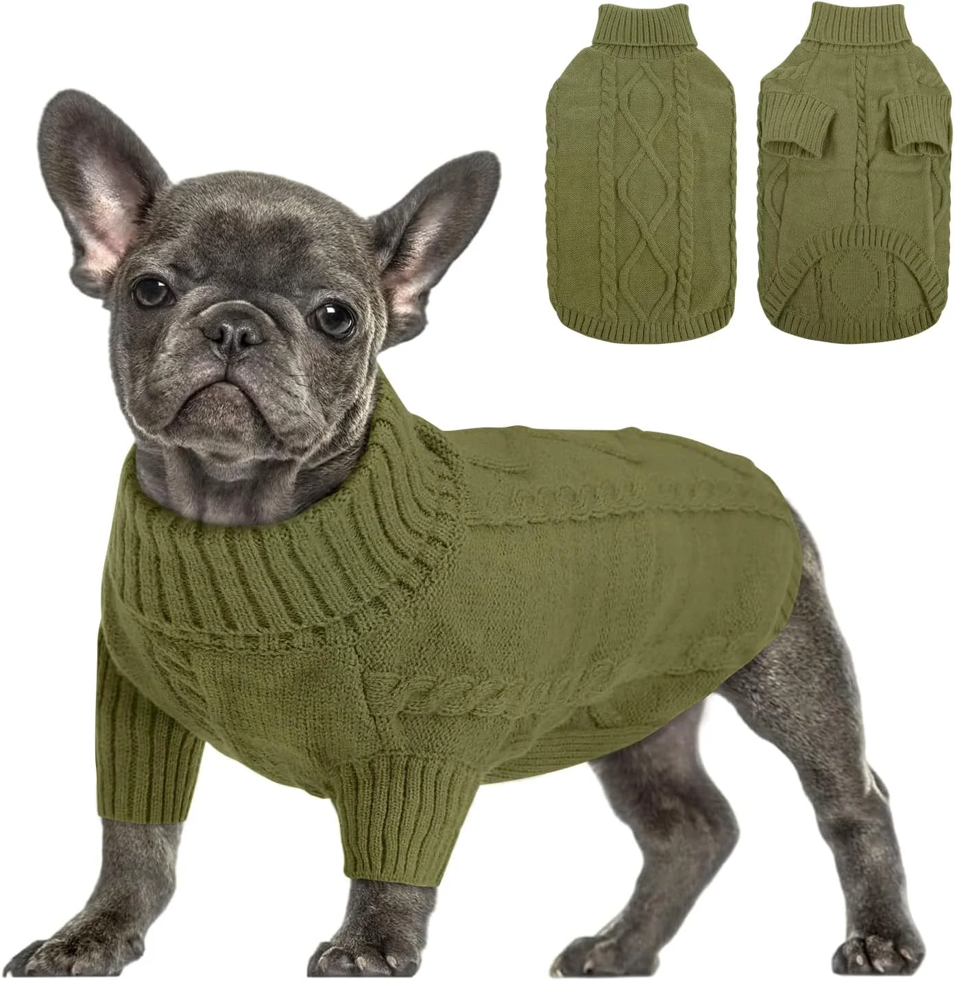 Modern Queenmore Small Dog Pullover Sweater Cold Weather Cable Knitwear Classic Turtleneck Thick Warm Clothes for Chihuahua Bulldog Dachshund Pugl OliveGreen S Versatile