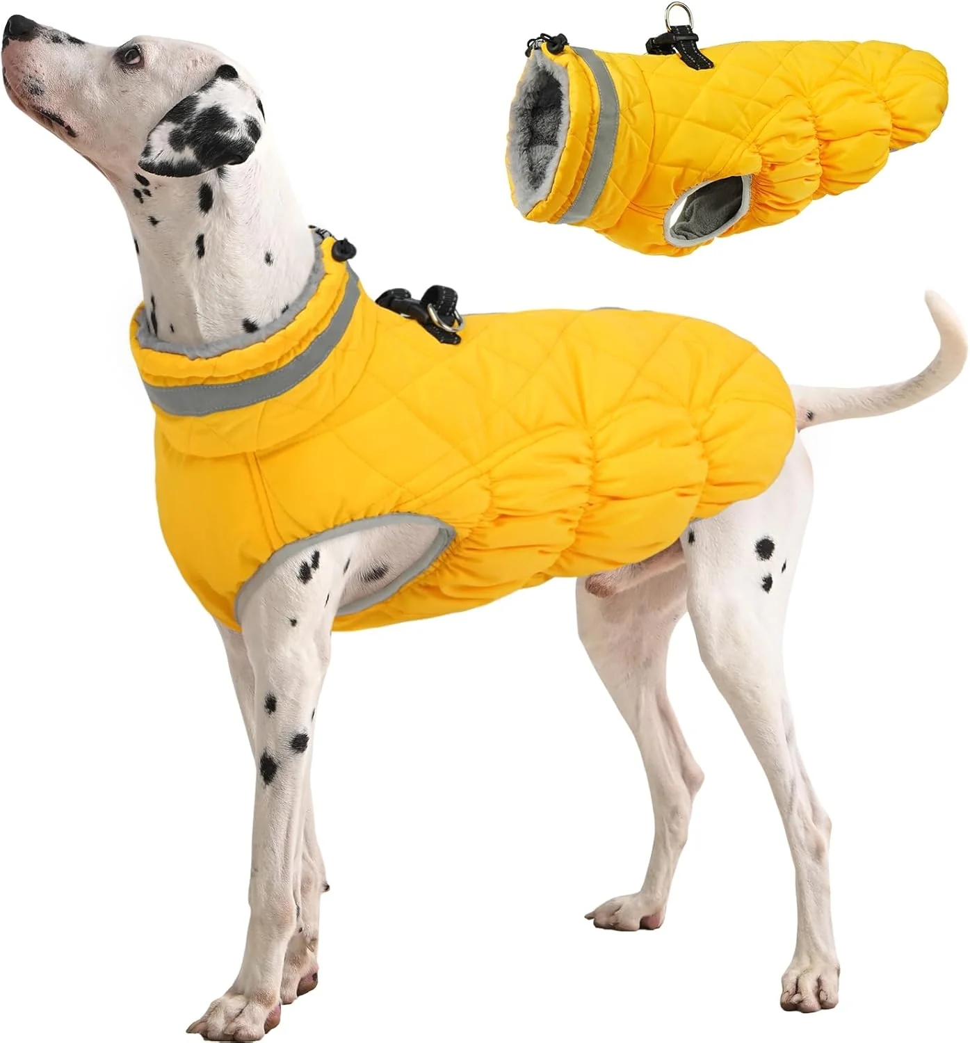 Next-Generation FUAMEY Dog Coat for Large Dogs Waterproof Dog Winter Jacket with Harness Built in Puppy Cold Weather Coats Reflective Pet Vest with Zipper Warm Fleece Dogs Snowsuit Windproof Yellow L Original Design