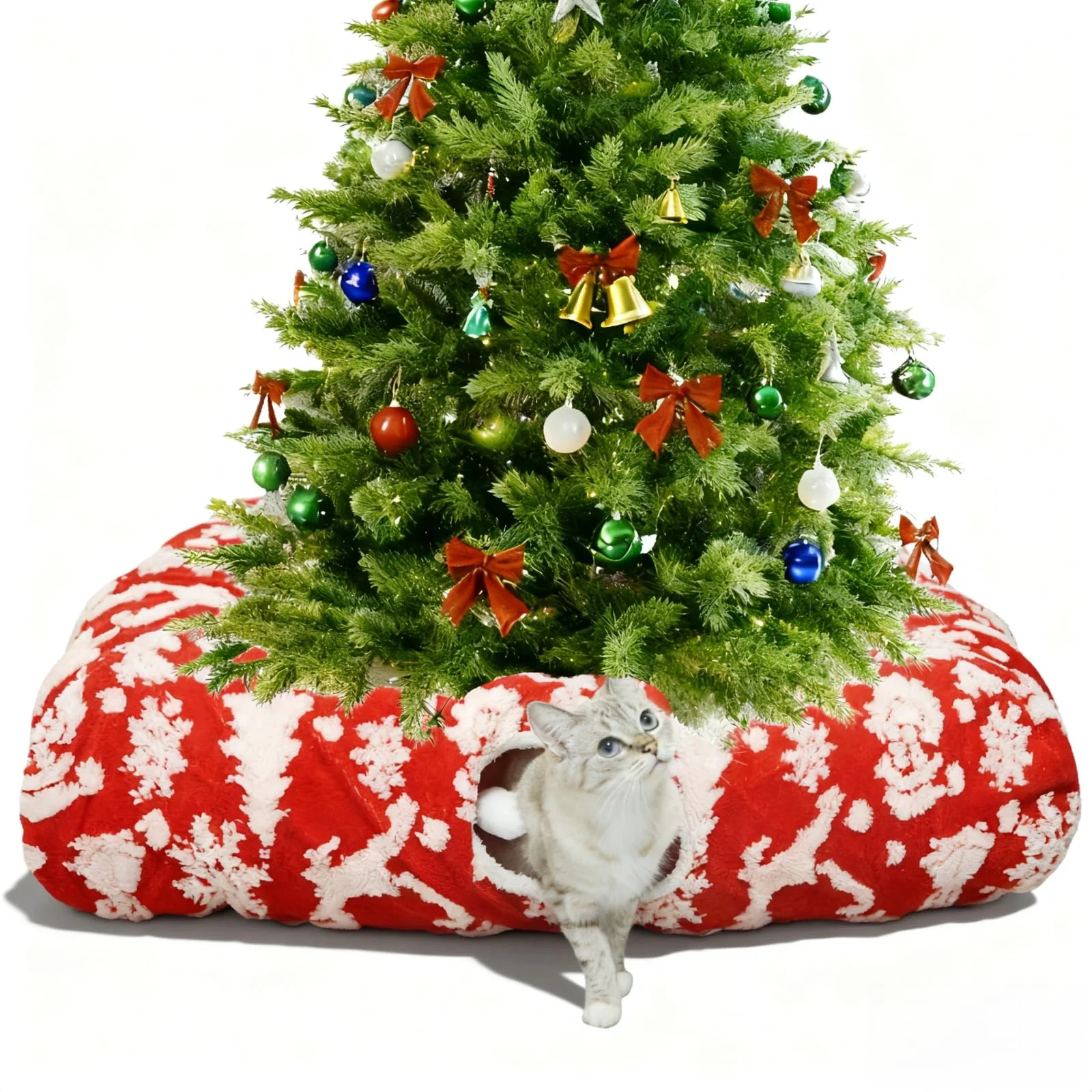 Flexible Feyxfnne Christmas Cat Tunnel Bed with Warm Mat - Large Square Cat Toy Tree Skirt for Xmas Decor Advanced