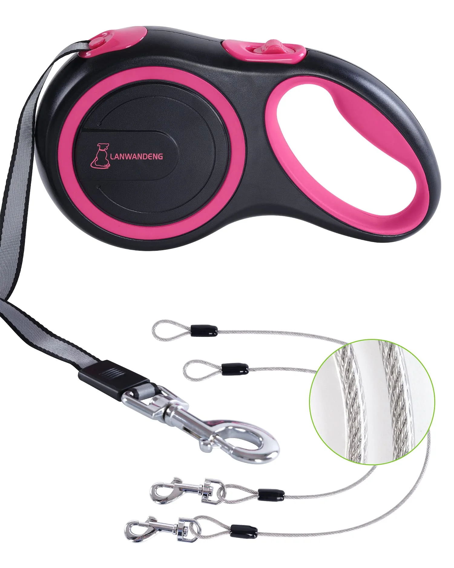 Recyclable Lanwandeng 26FT Heavy Duty Retractable Dog Leash — 2 Chew-Proof Wires 360° Tangle- Anti-Slip Handle Traditional