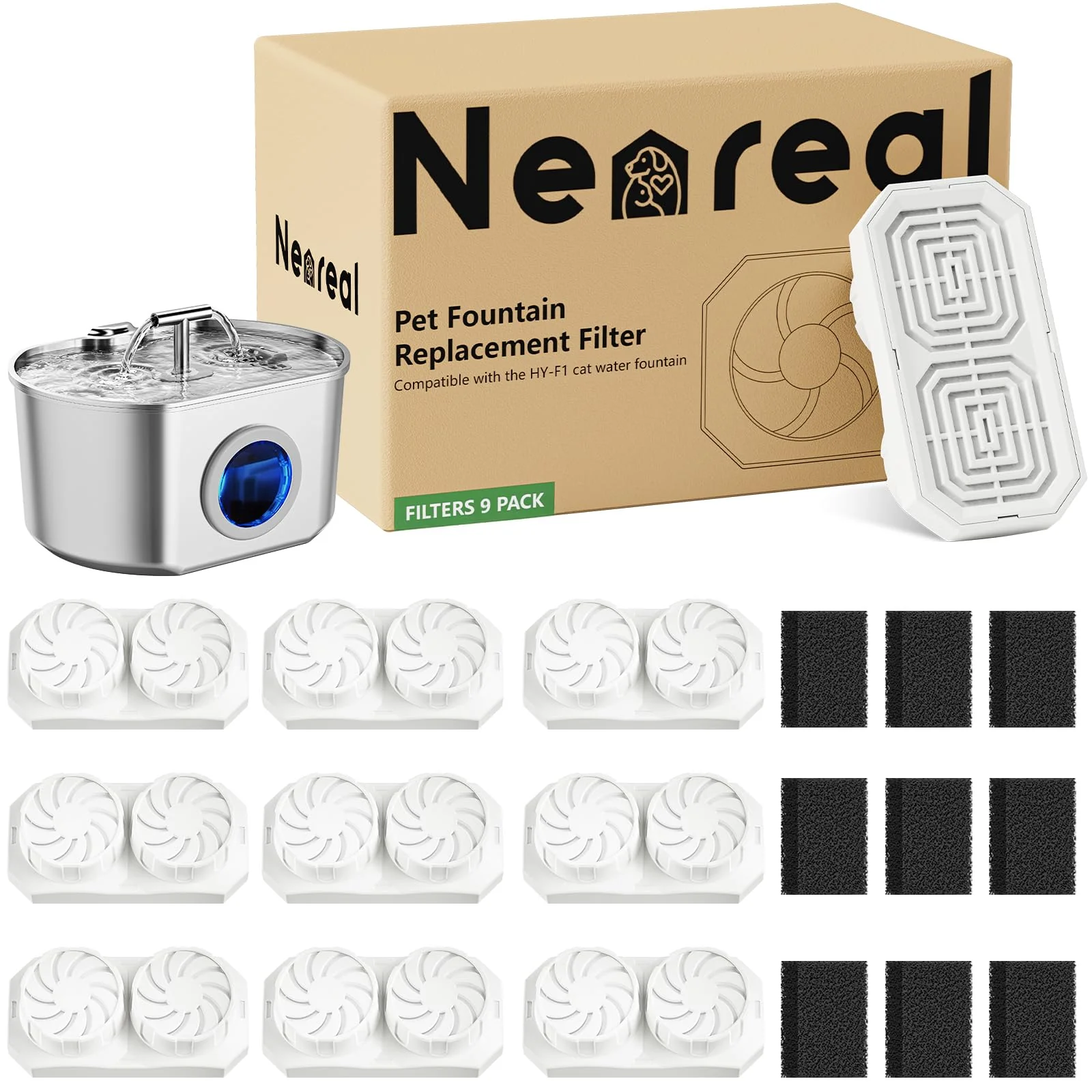 Minimalist Nea 9-Pack Cat Fountain Filters Pre-Filter Sponges for 2.2L Stainless Steel Fountain Reliable