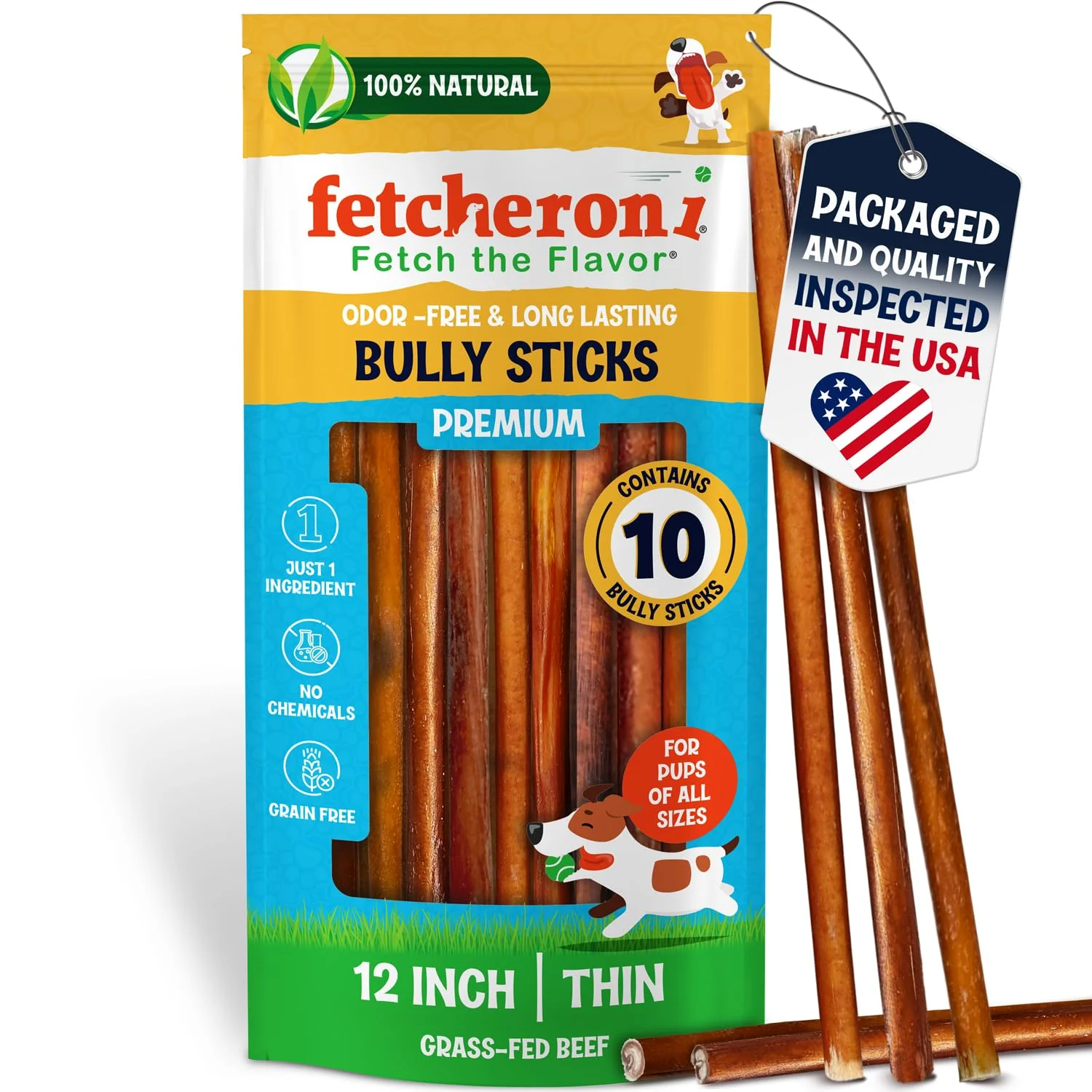 Exclusive FETCHERONI Odor- Thin Bully Sticks – 12 Inch 10 Pack Grass-Fed Beef Pizzle Chews Healthy