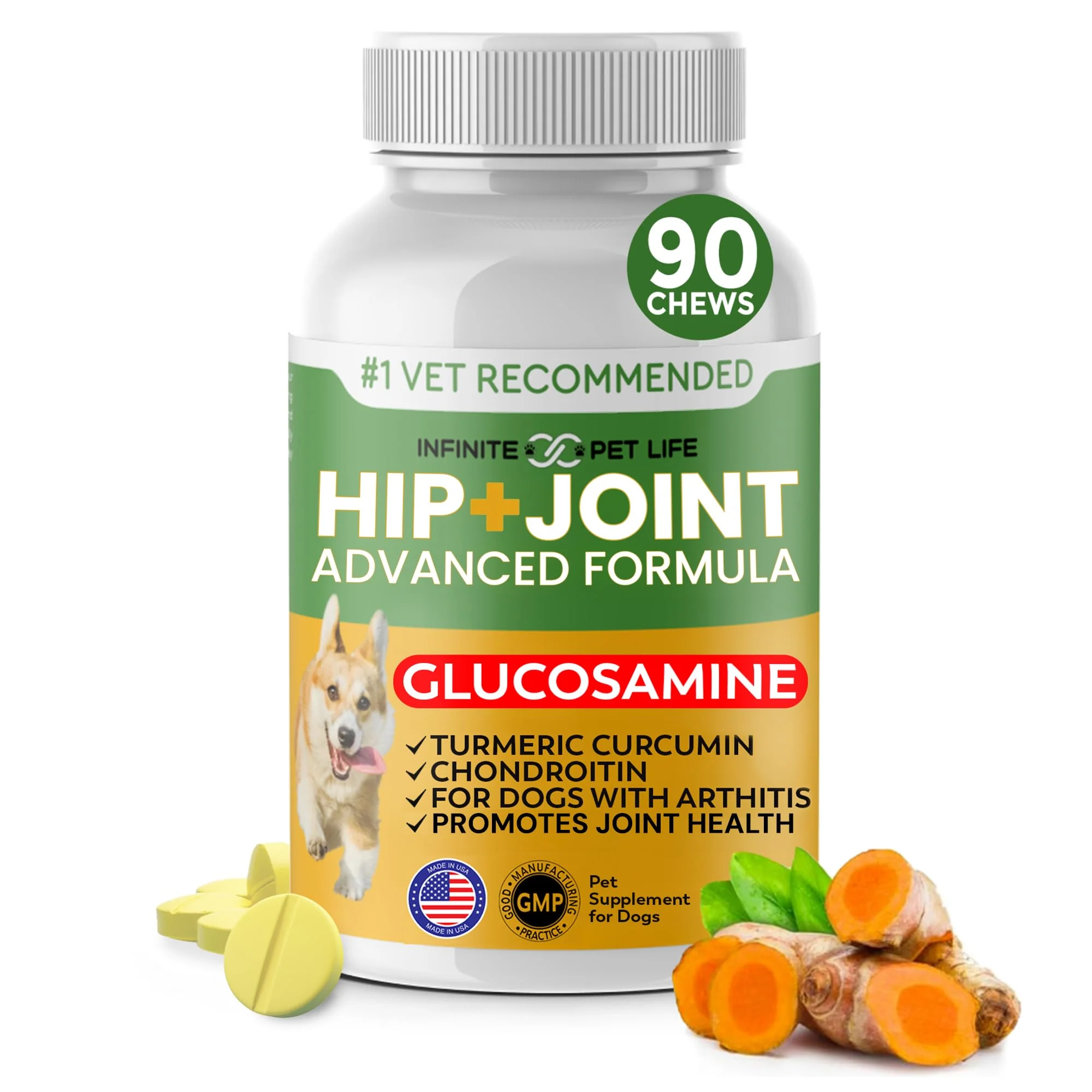Effective Advanced Hip Joint Supplement for Dogs Infinite Pet Supplements - All-Natural Glucosamine Turmeric MSM Chondroitin 90 Chewables Comfortable